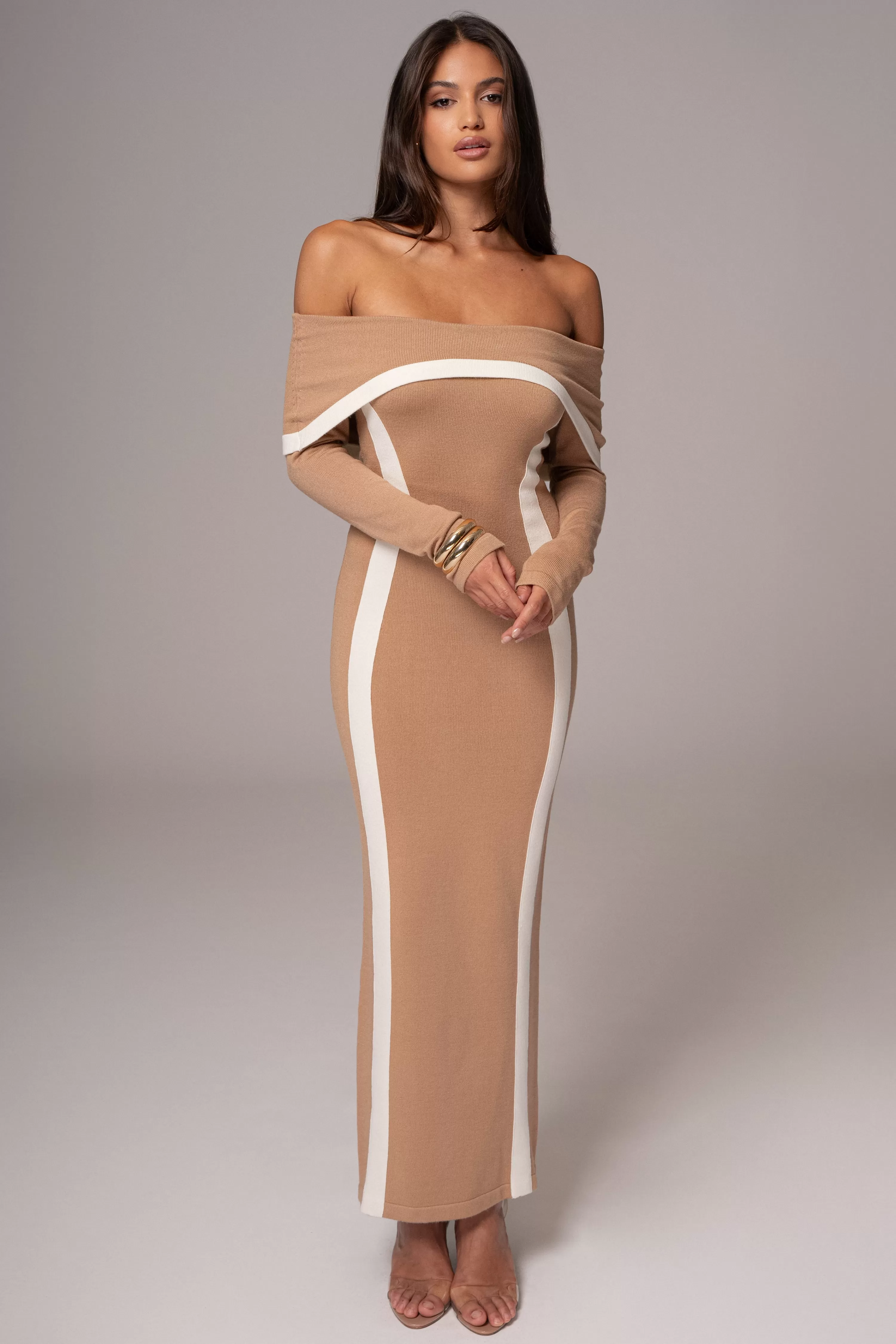 JLUXLABEL Beige Janet Off Shoulder Maxi Dress