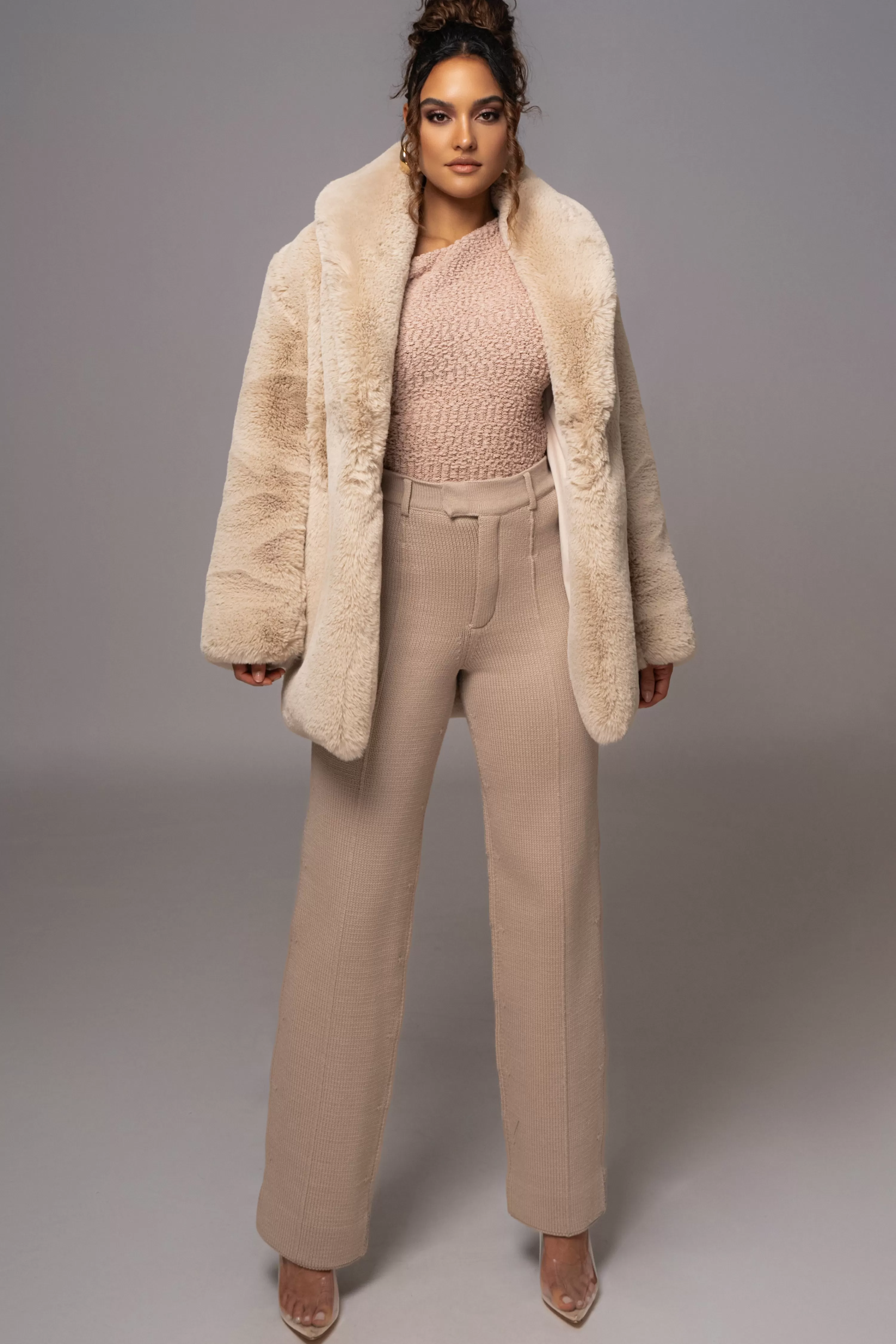 JLUXLABEL Beige Refined Faux Fur Oversized Coat