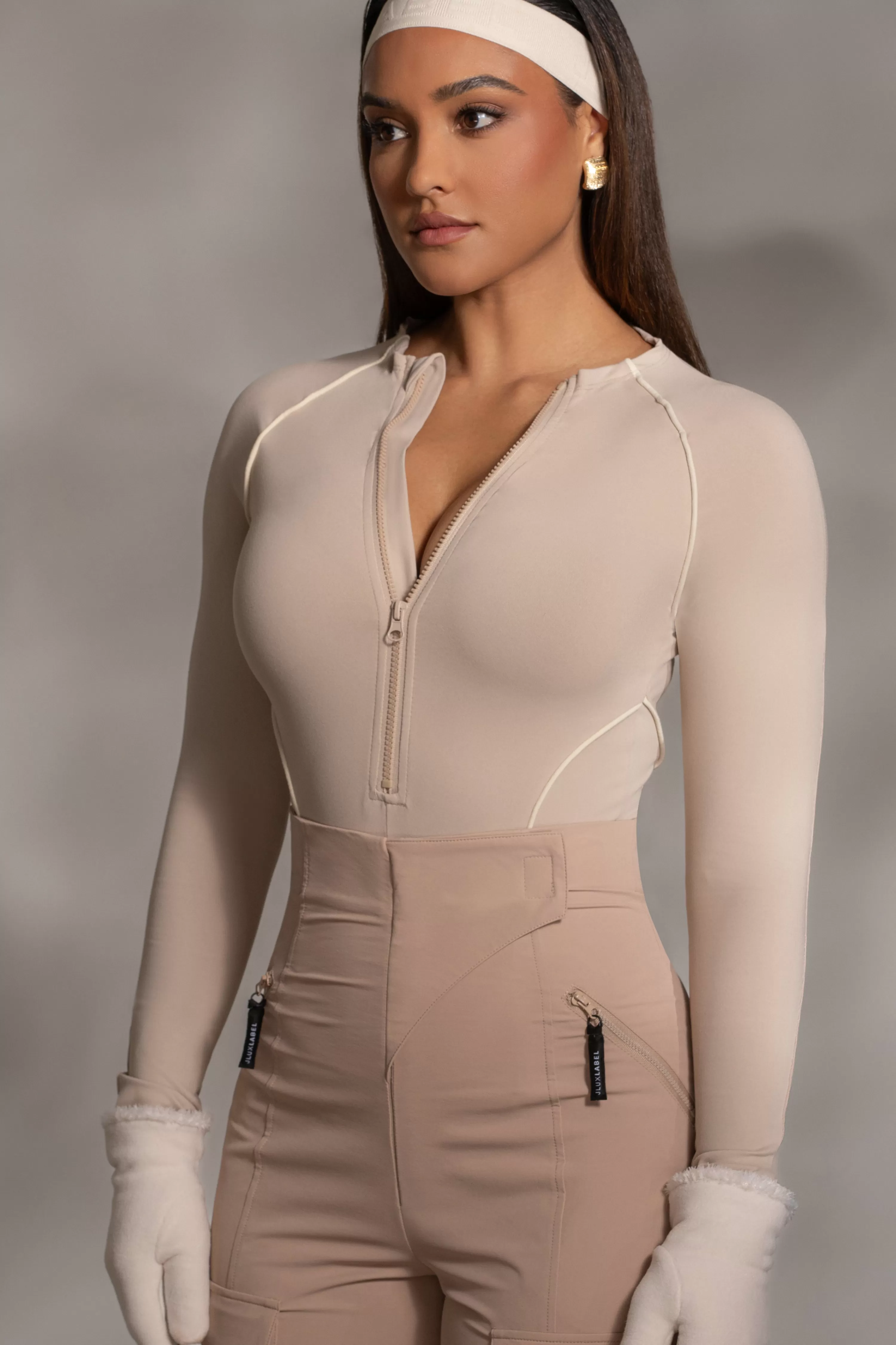 JLUXLABEL Beige Rise Up Zip Front Bodysuit