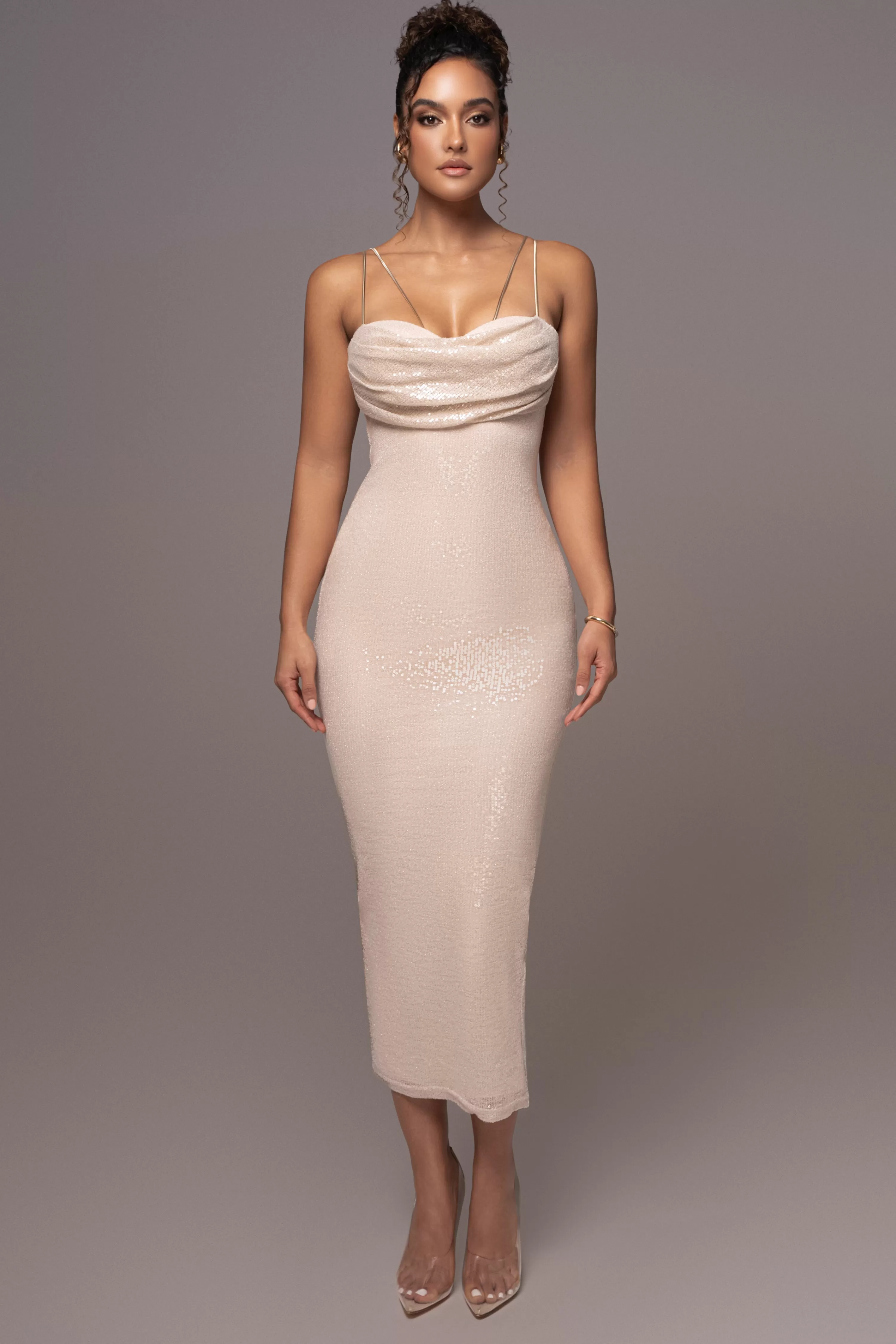 JLUXLABEL Beige Sequin Visions Of You Midi Dress