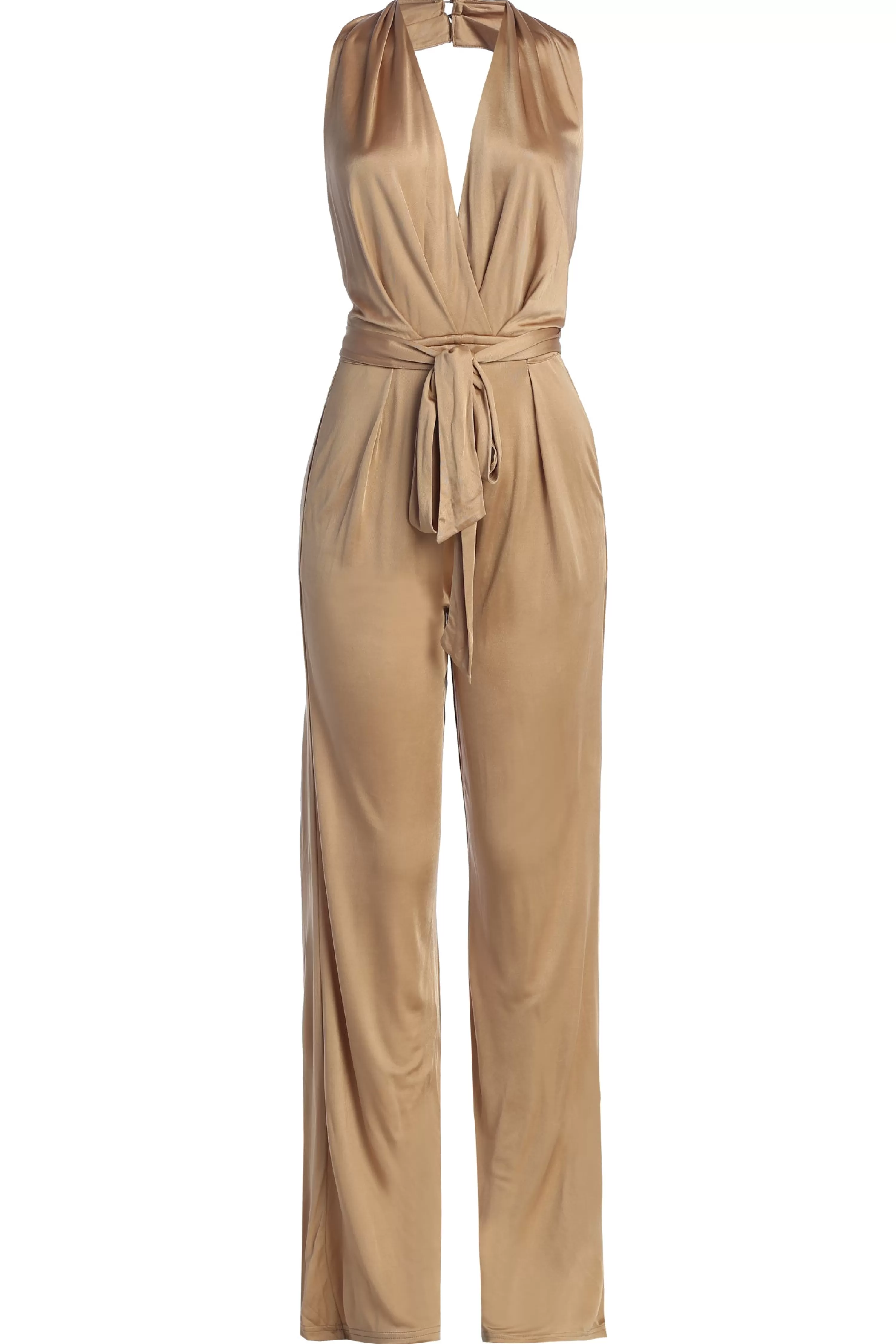 JLUXLABEL Beige Slinky Halter Belted Jumpsuit