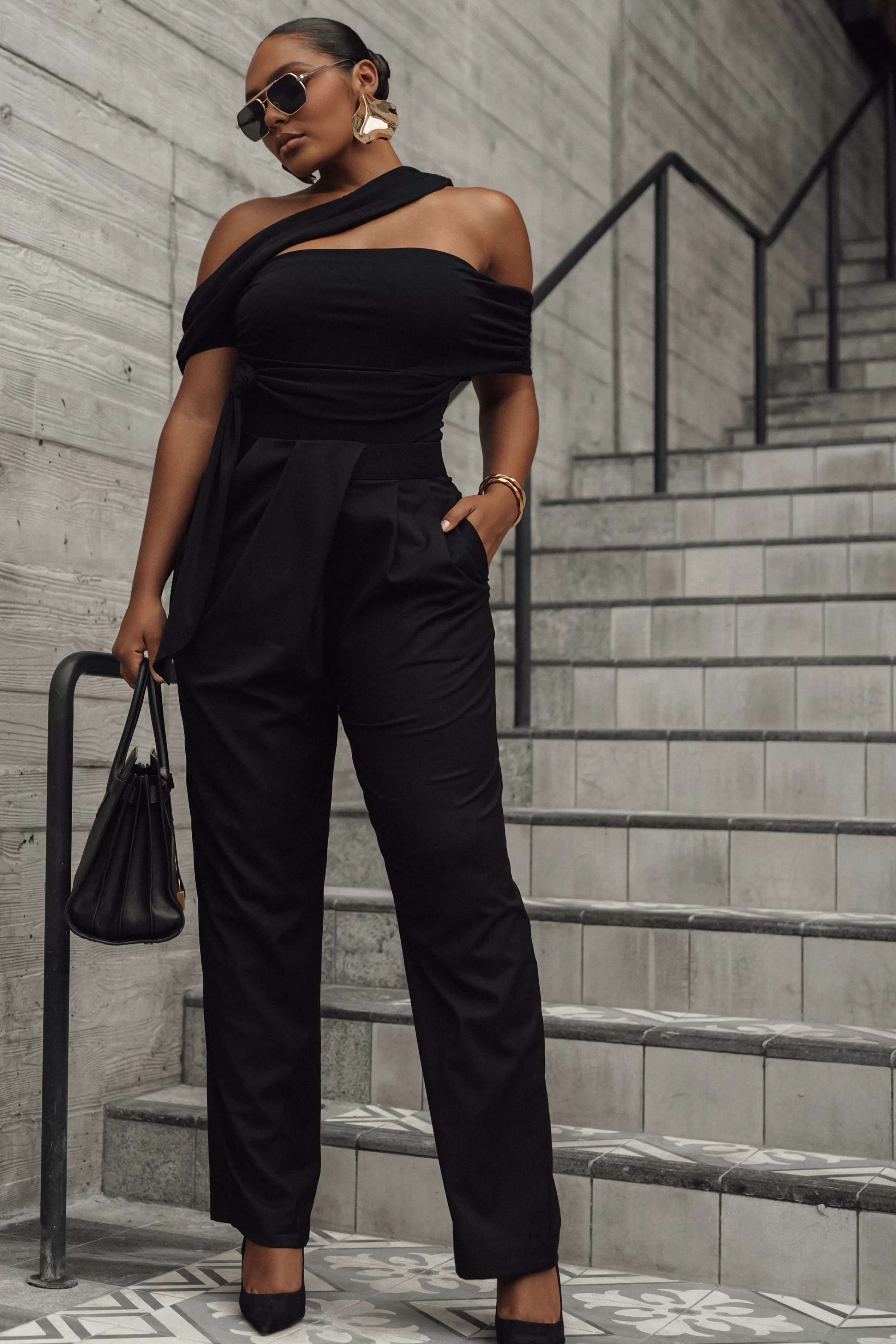 JLUXLABEL Black Asymmetrical Draped Trousers