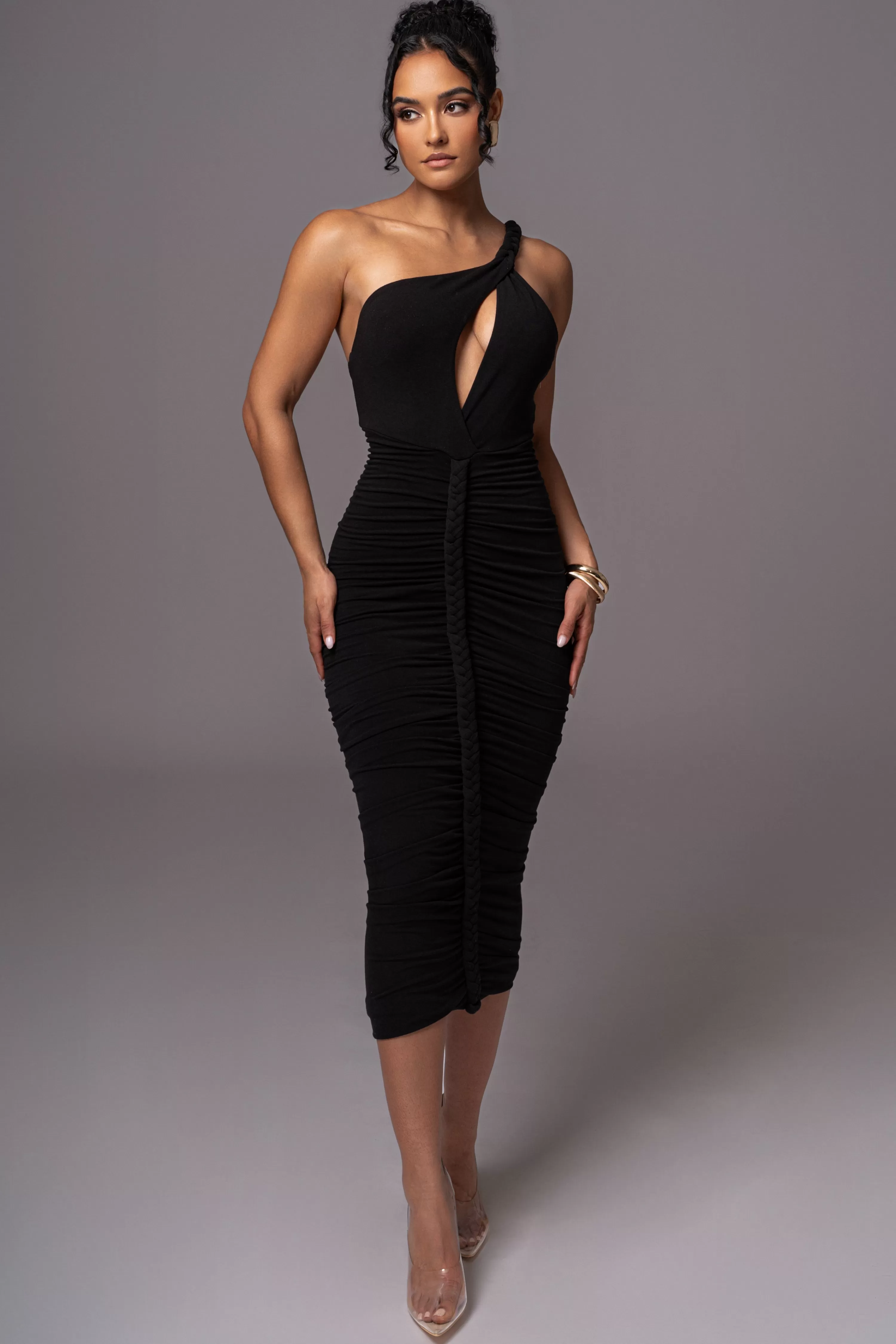 JLUXLABEL Black Jess Ruched Midi Dress