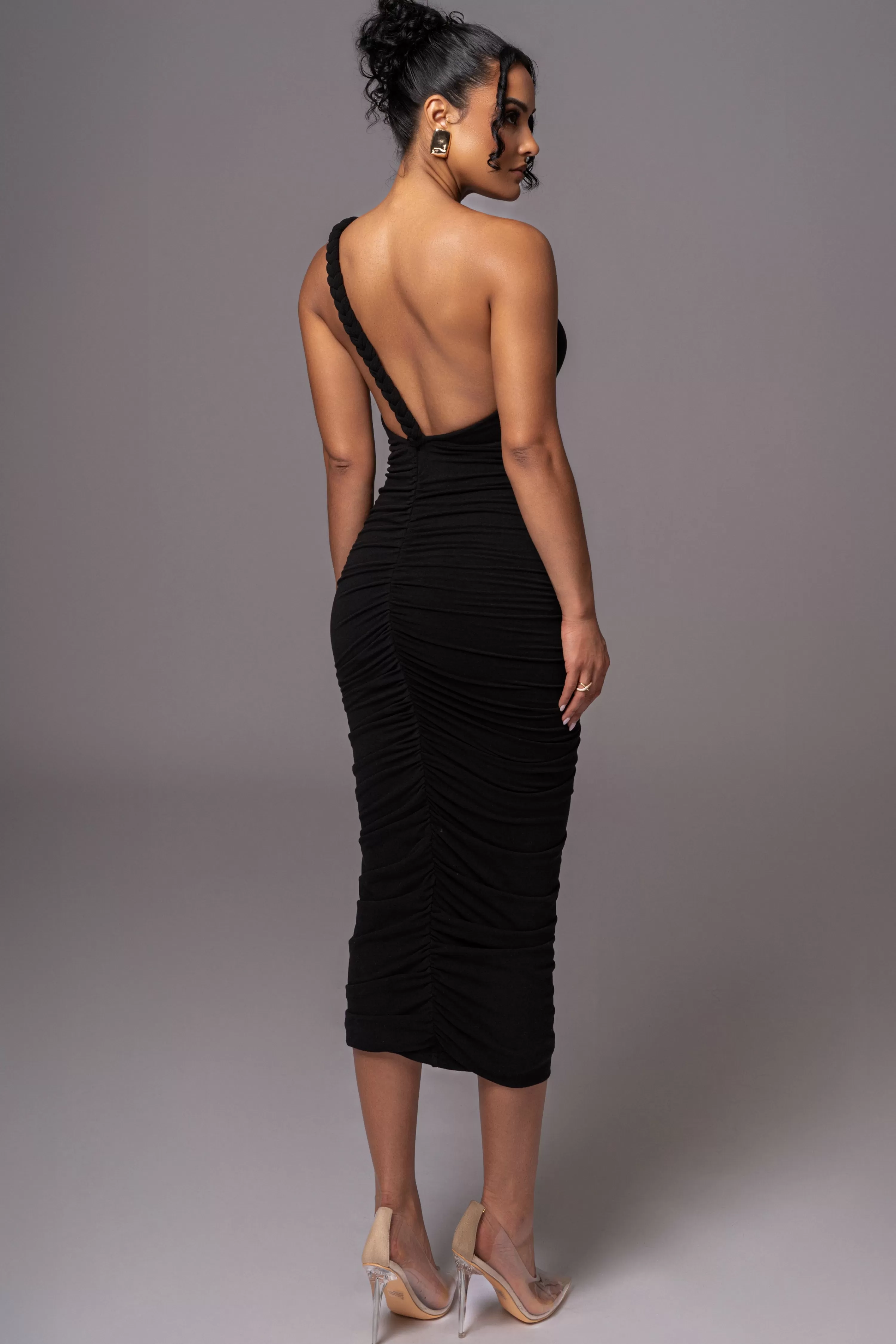 JLUXLABEL Black Jess Ruched Midi Dress