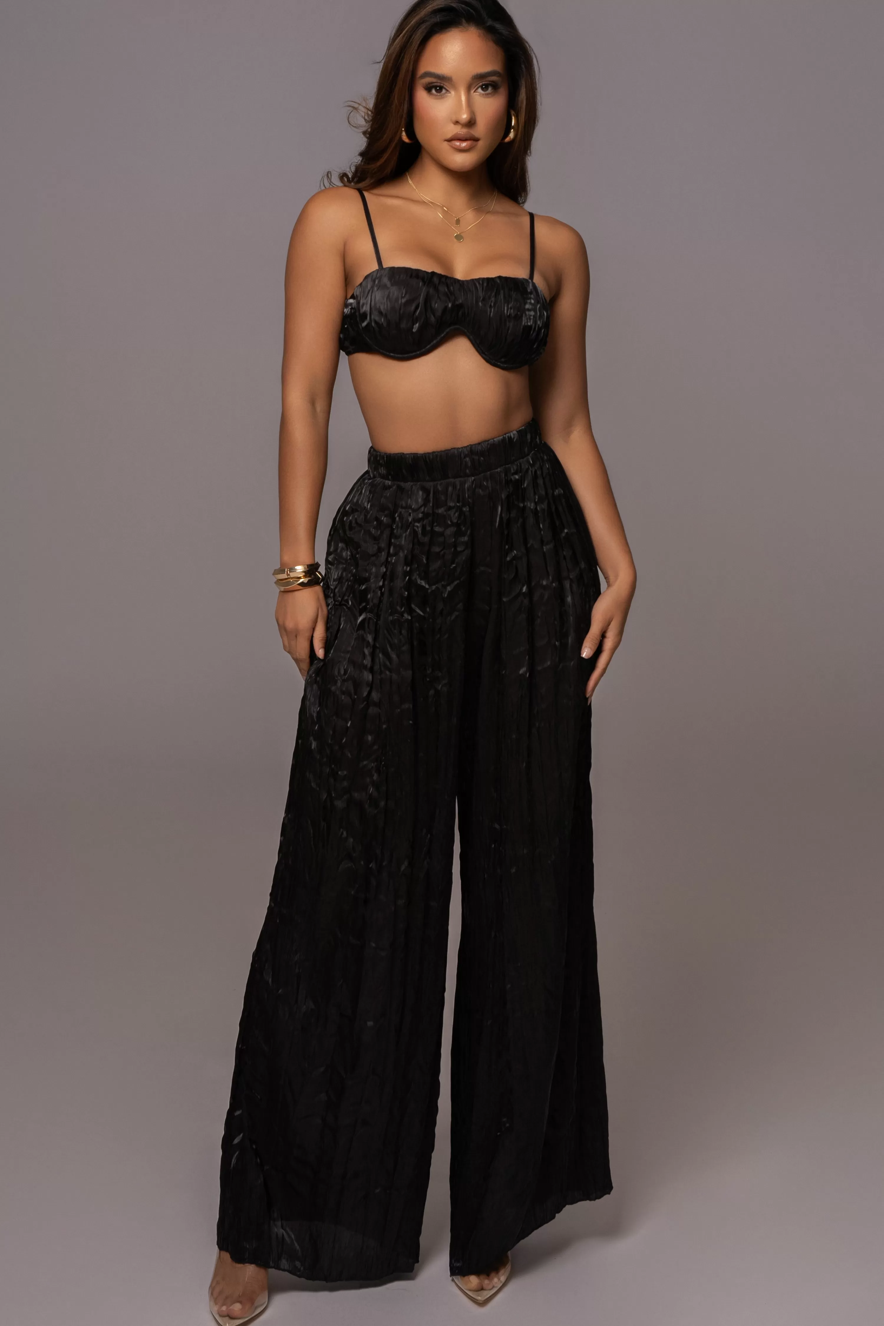 JLUXLABEL Black Lets Get Away Satin Pant Set