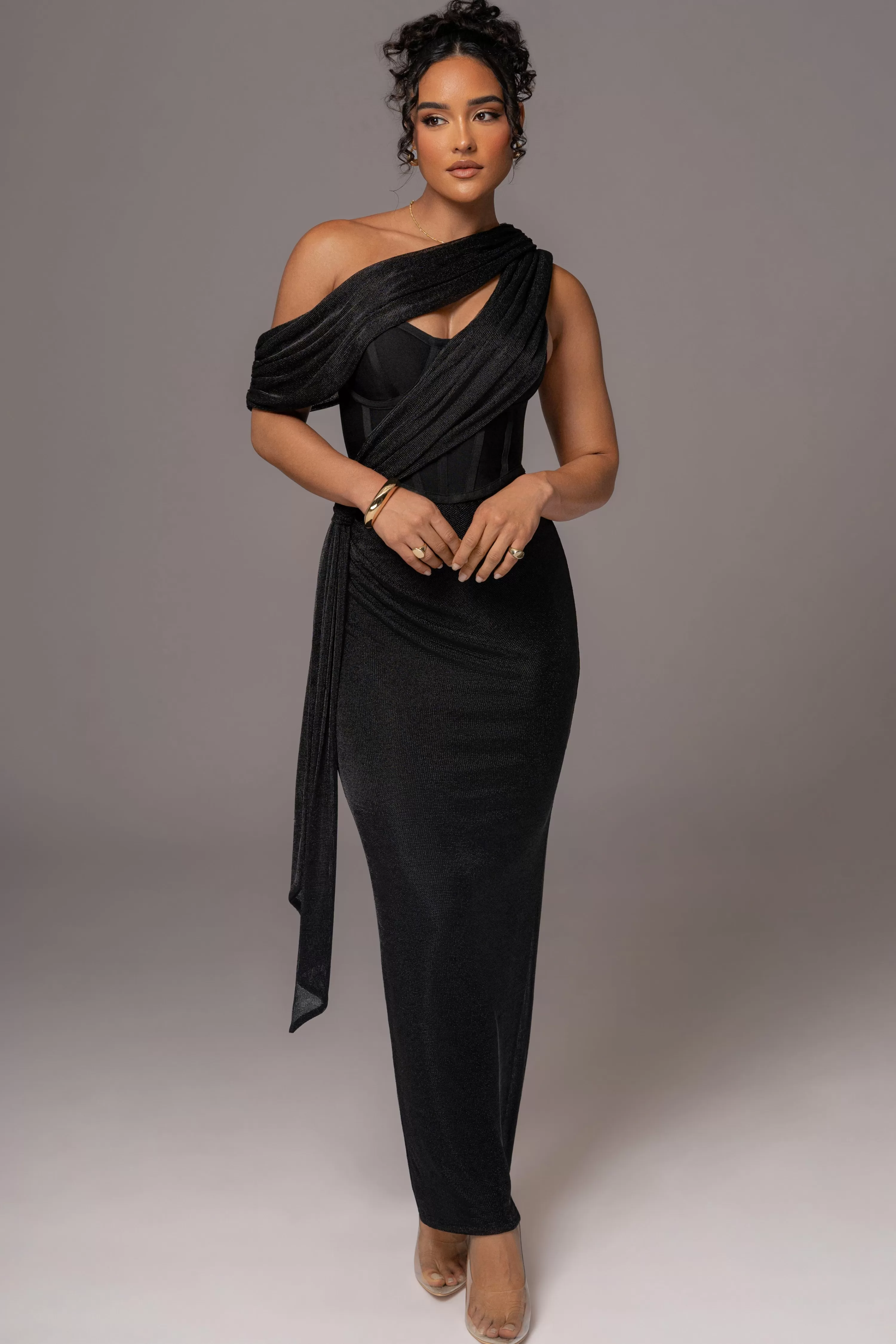 JLUXLABEL Black Metallic Celestina Draped Maxi Dress