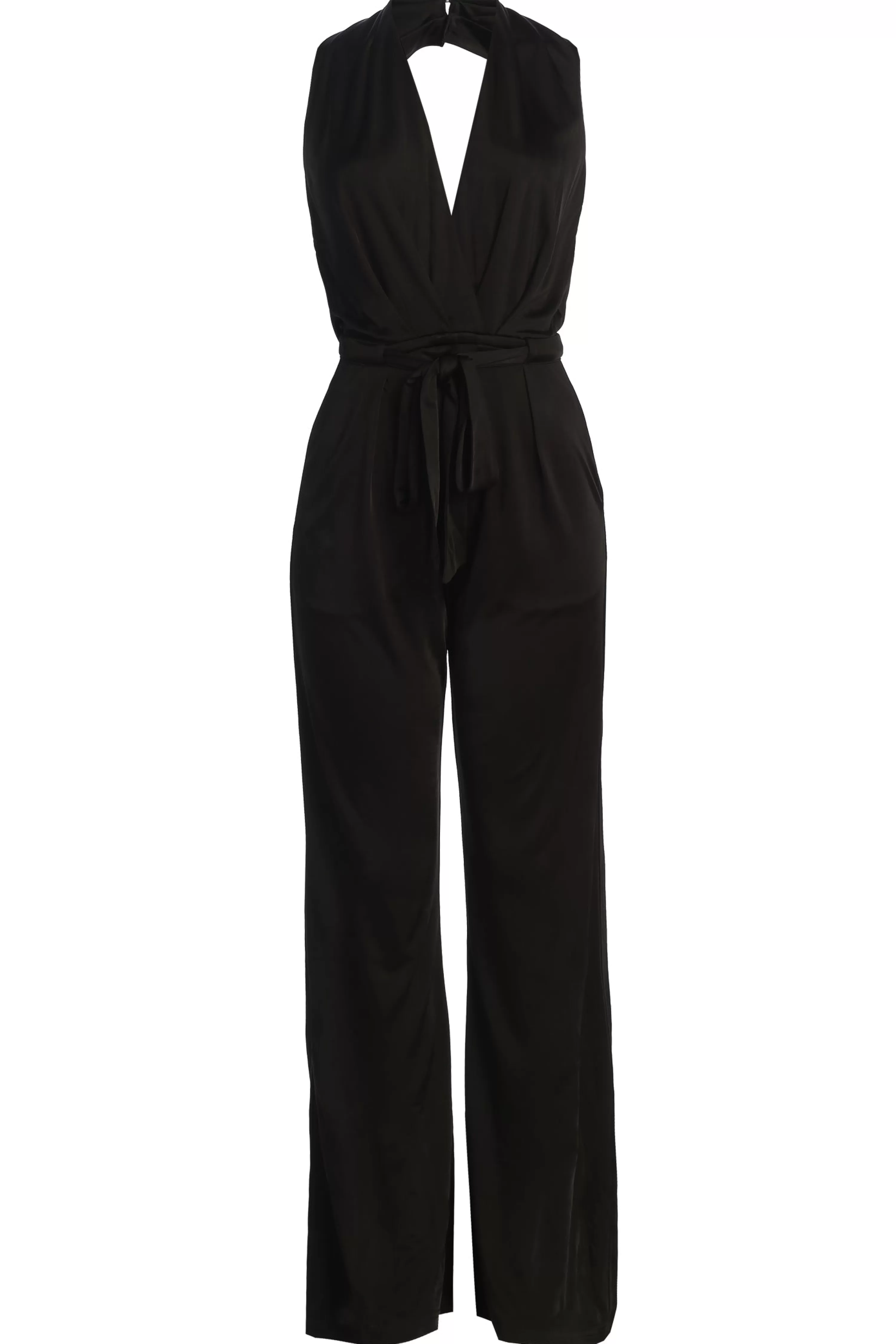 JLUXLABEL Black Slinky Halter Belted Jumpsuit