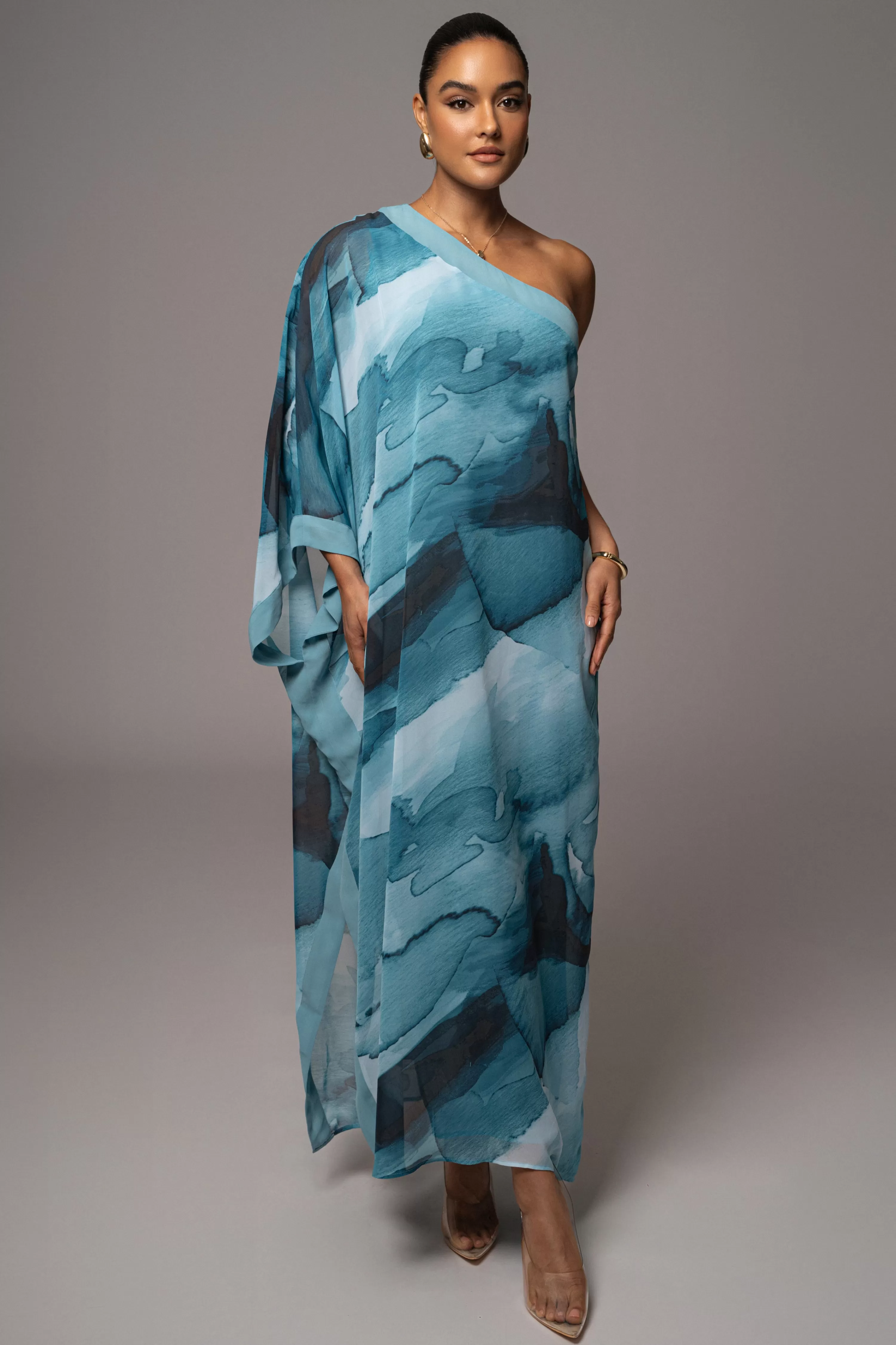 JLUXLABEL Blue Abstract Mariel One Shoulder Maxi Dress