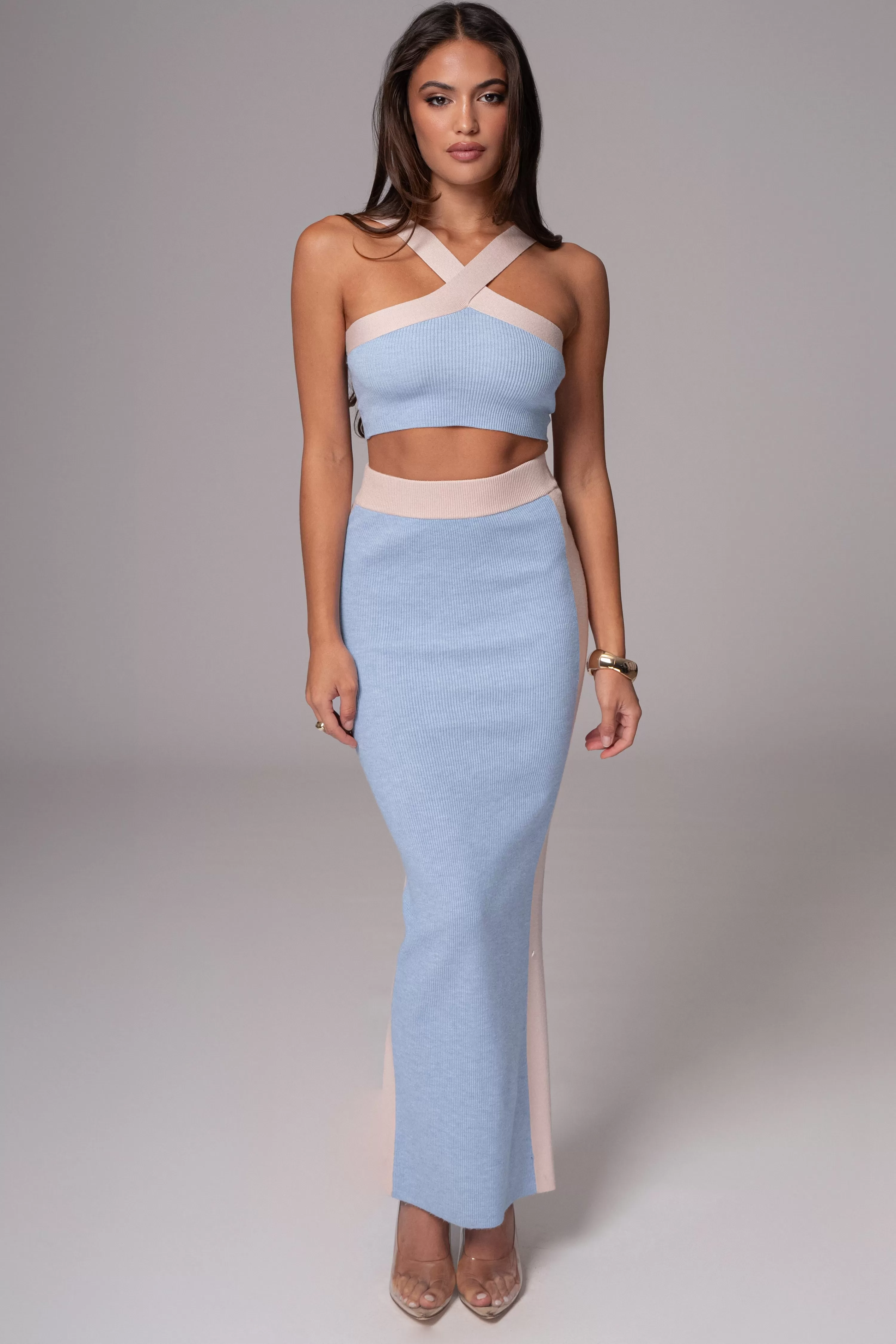 JLUXLABEL Blue/Beige Heartbreaker Two-Piece Skirt Set