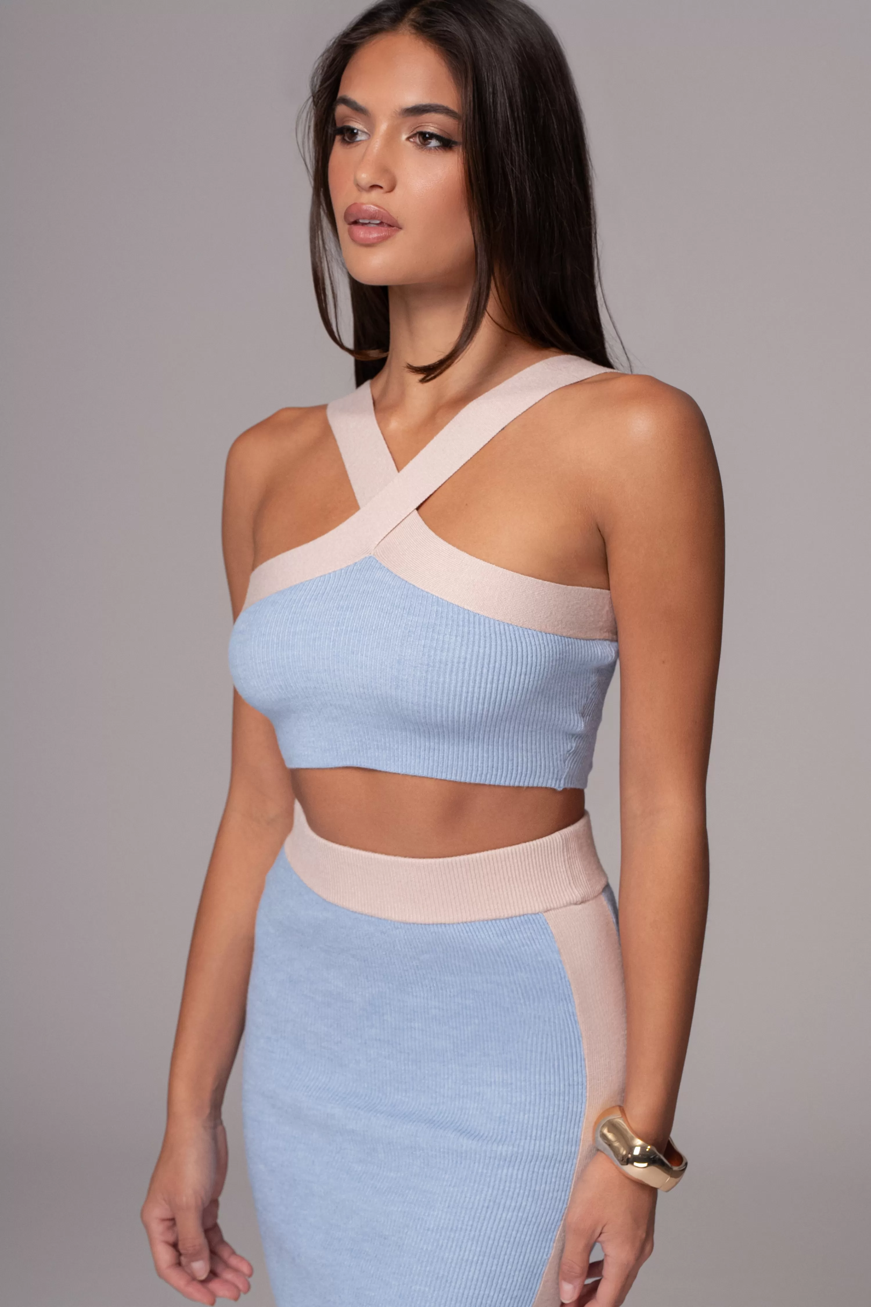 JLUXLABEL Blue/Beige Heartbreaker Two-Piece Skirt Set