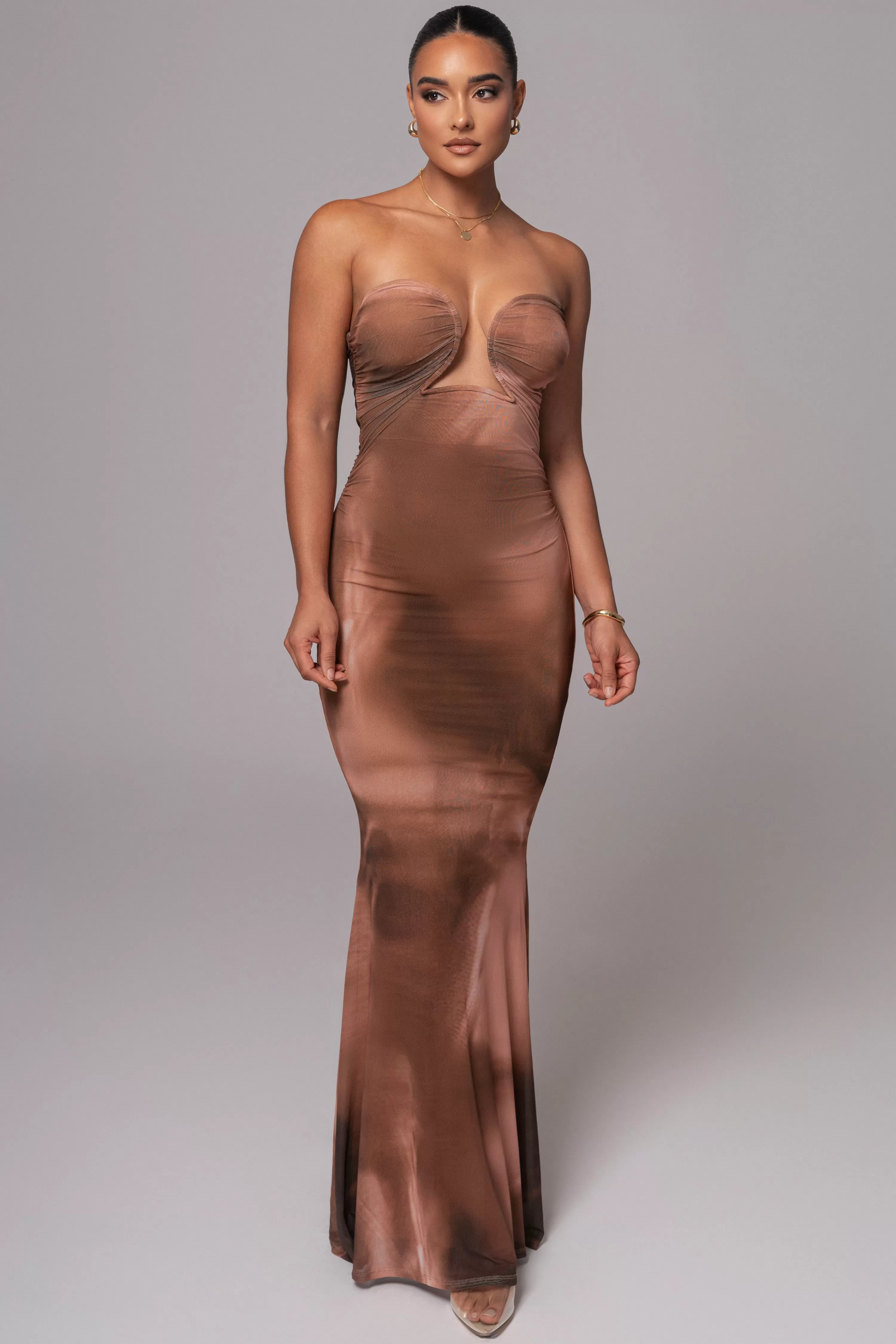 JLUXLABEL Brown Abstract Bethany Strapless Maxi Dress