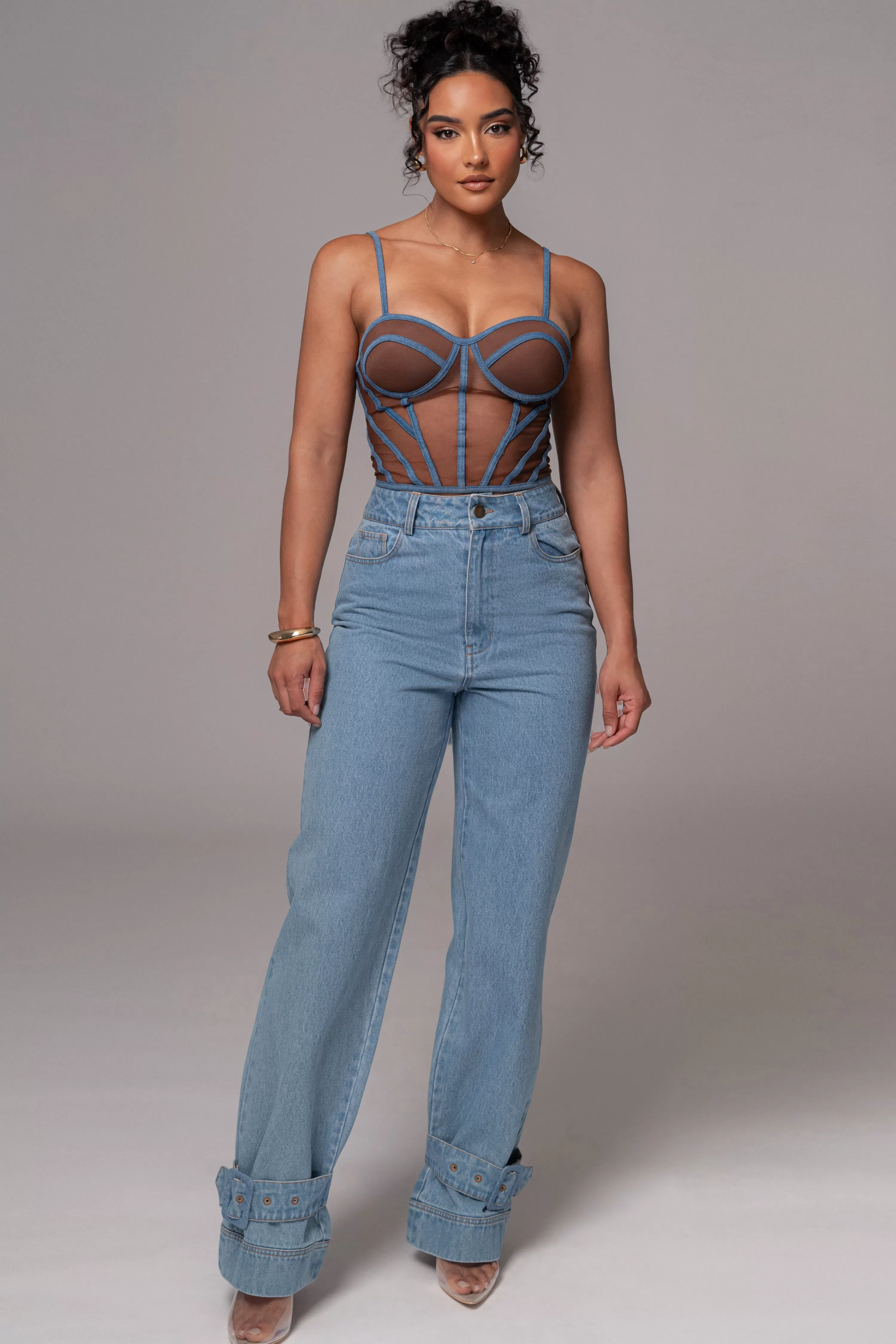 JLUXLABEL Dark Denim Illusion Mesh Bustier