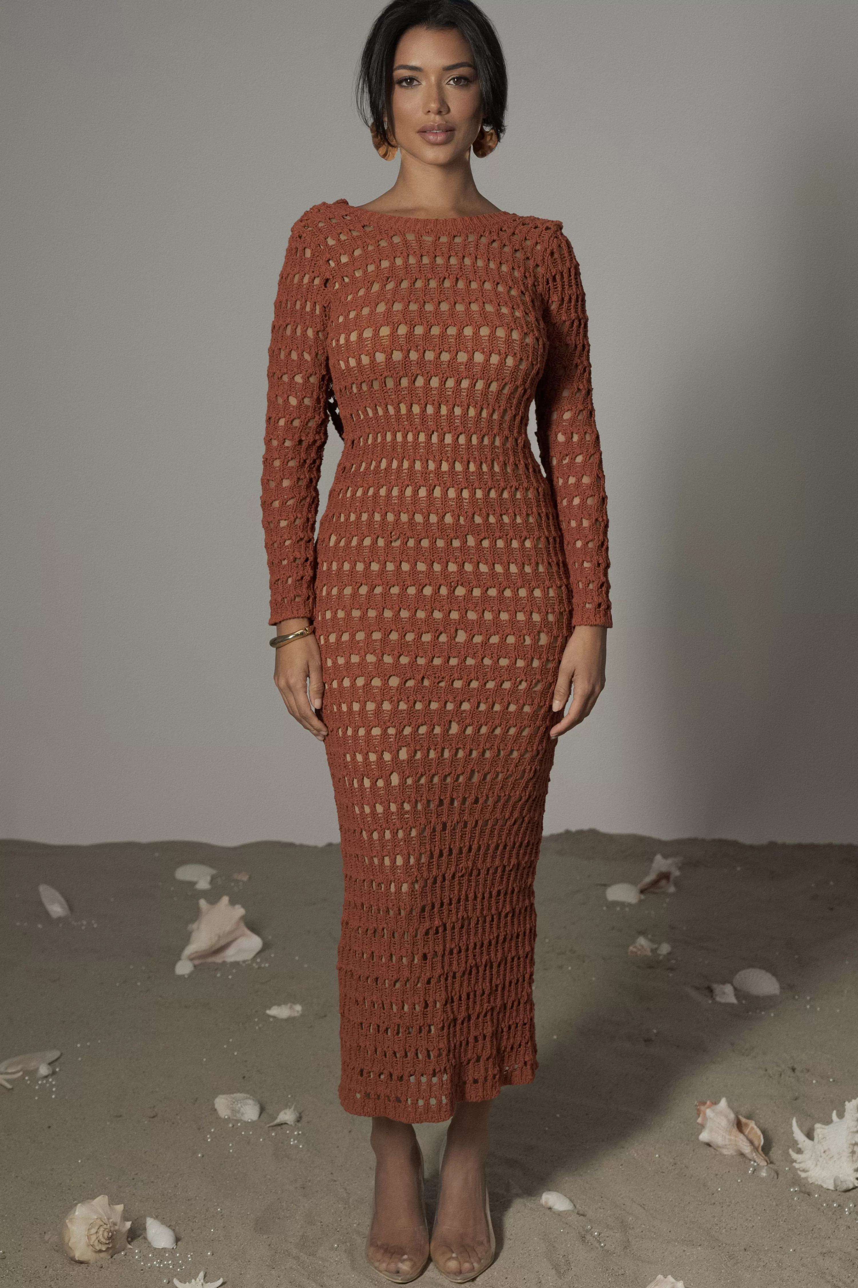 JLUXLABEL Dark Terra Cotta Serene Wonders Crochet Dress