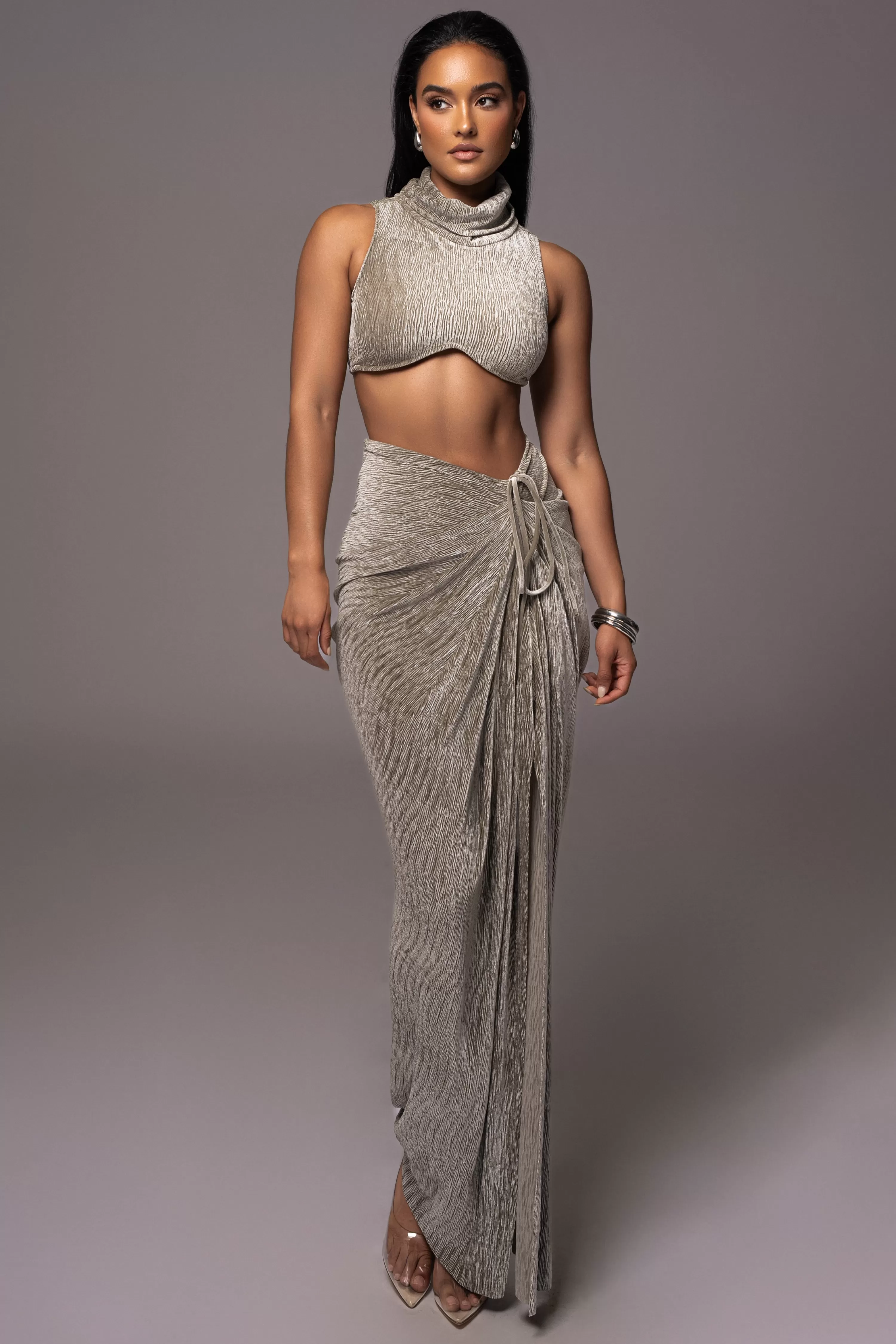 JLUXLABEL Grey Chosen One Velvet Skirt Set