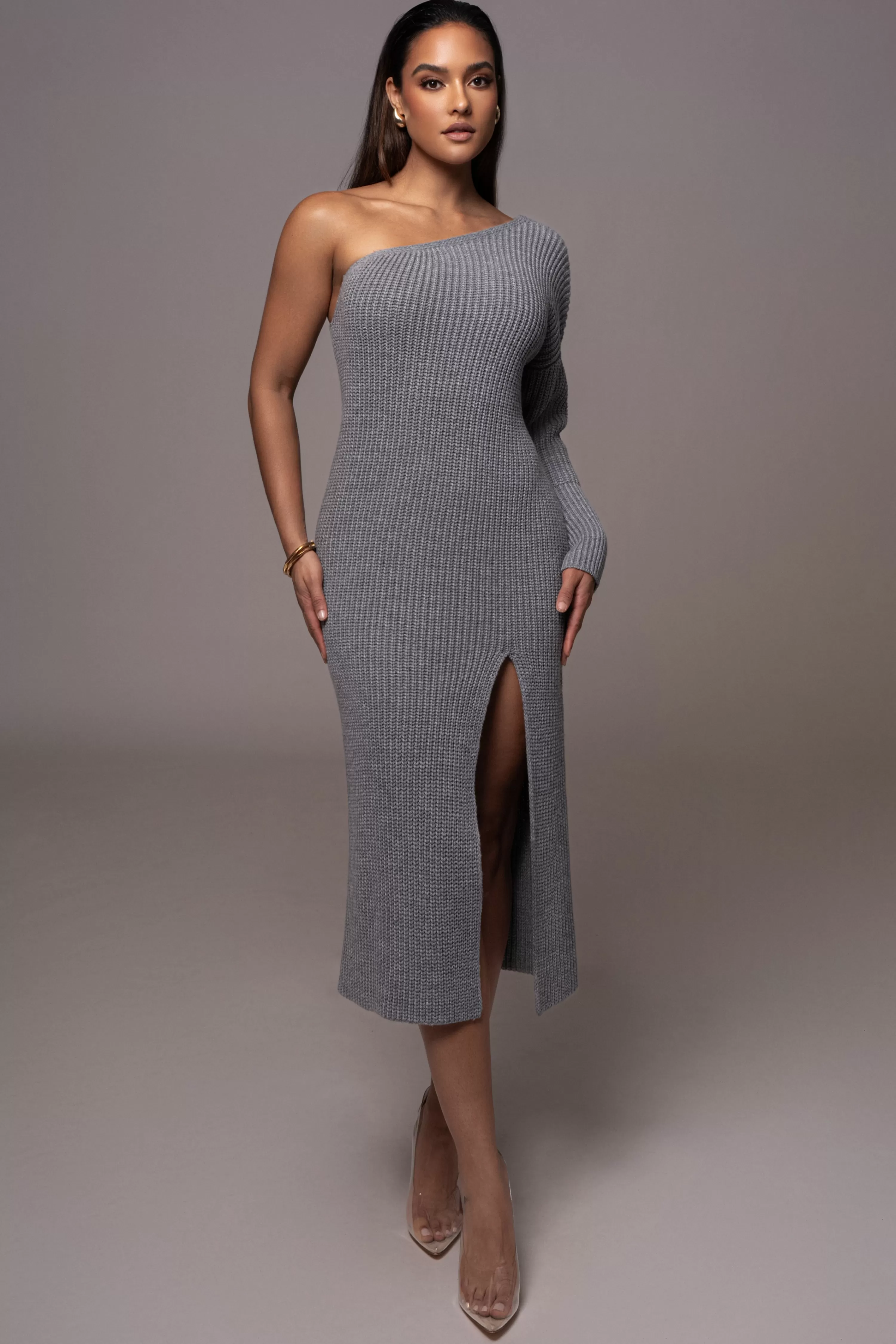 JLUXLABEL Grey Long Knit Sweater Dress