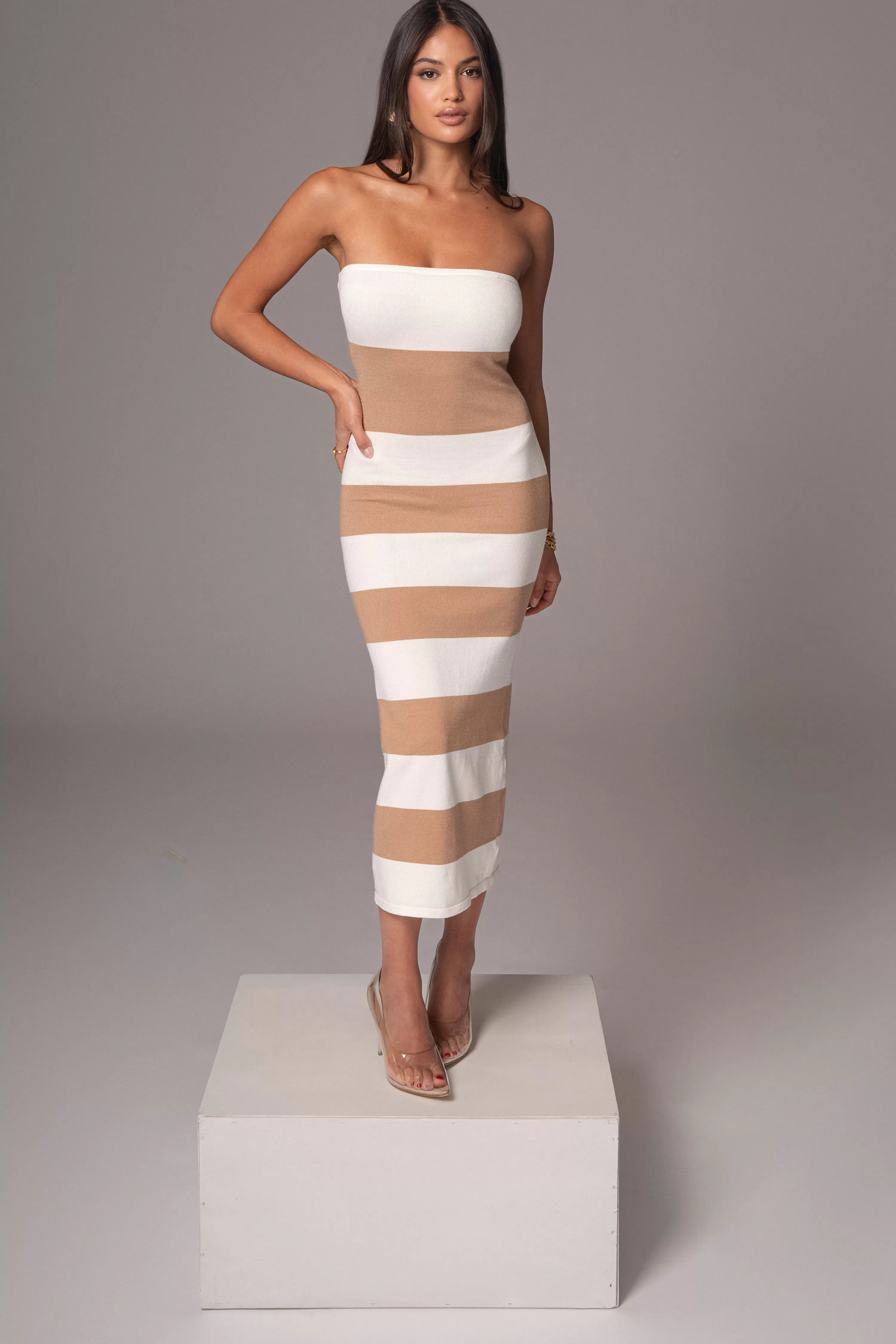 JLUXLABEL Ivory/Beige Striped Strapless Midi Dress