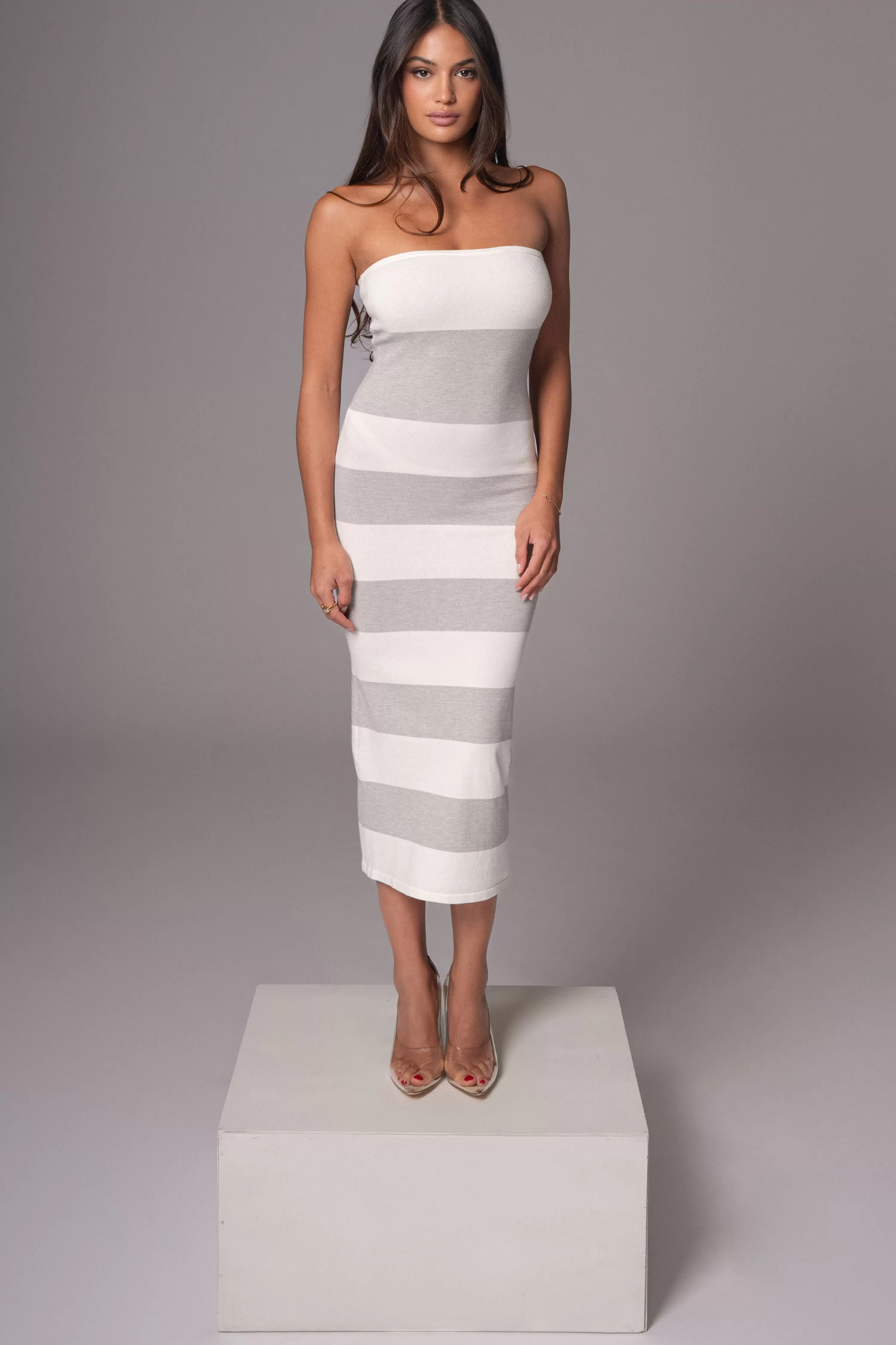 JLUXLABEL Ivory/Heather Grey Striped Strapless Midi Dress