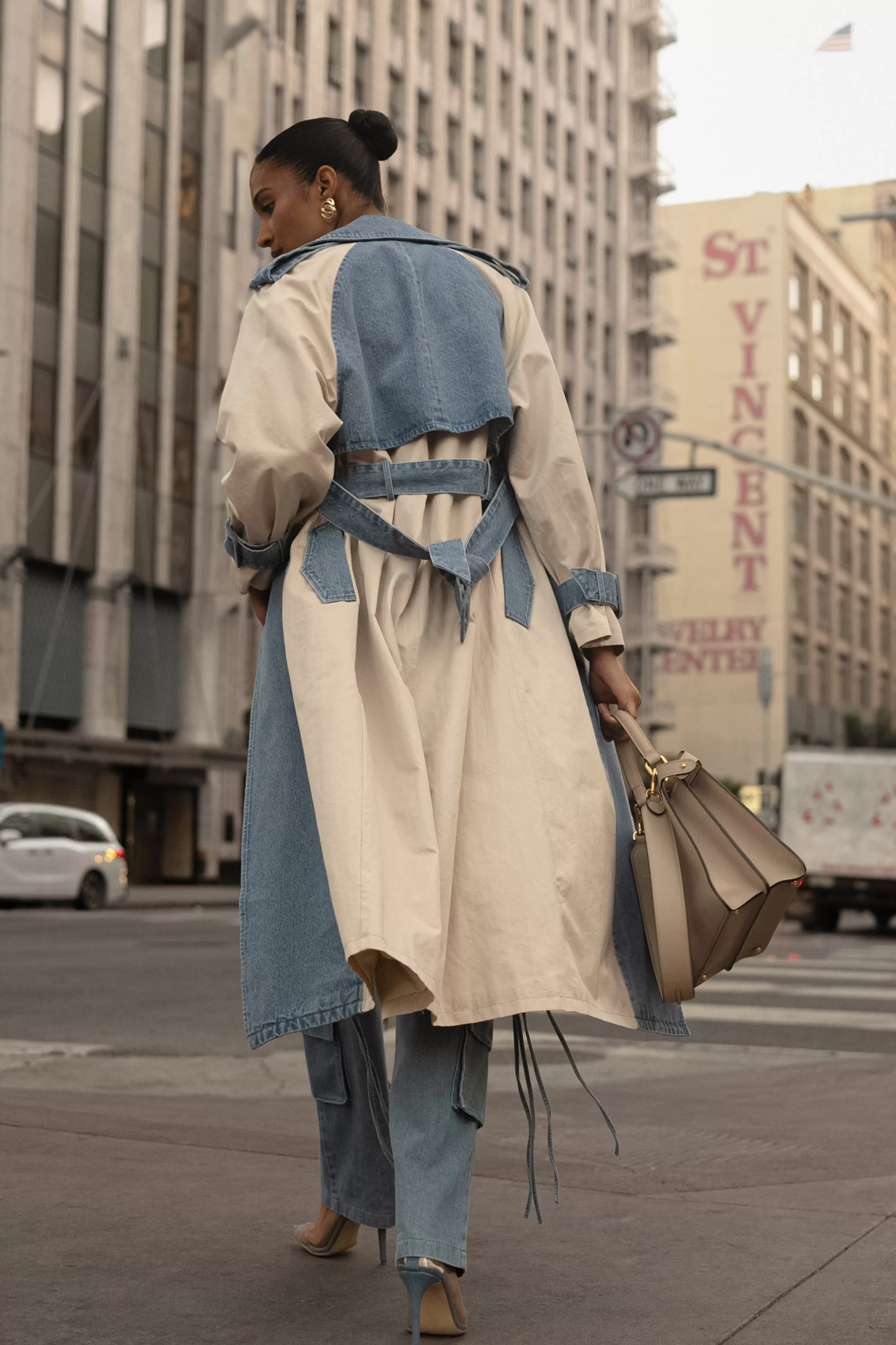 JLUXLABEL Light Wash Denim Leighton Belted Contrast Coat