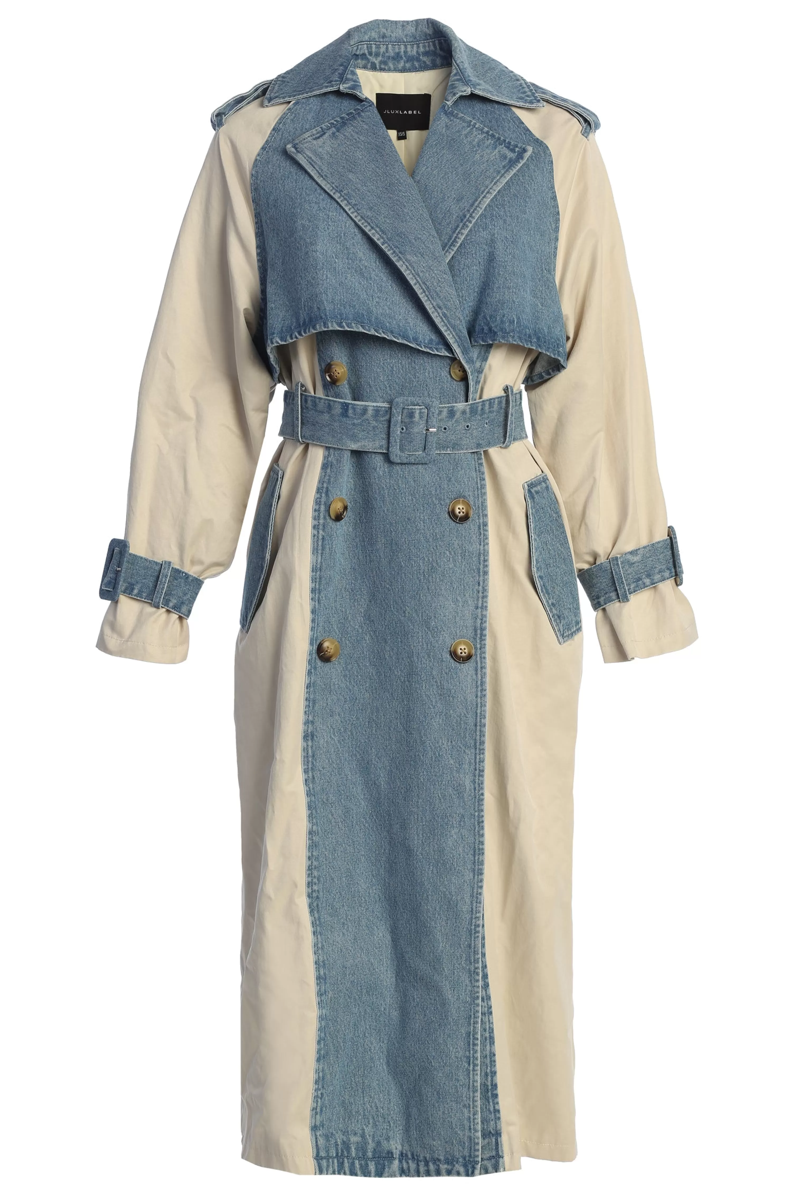 JLUXLABEL Light Wash Denim Leighton Belted Contrast Coat