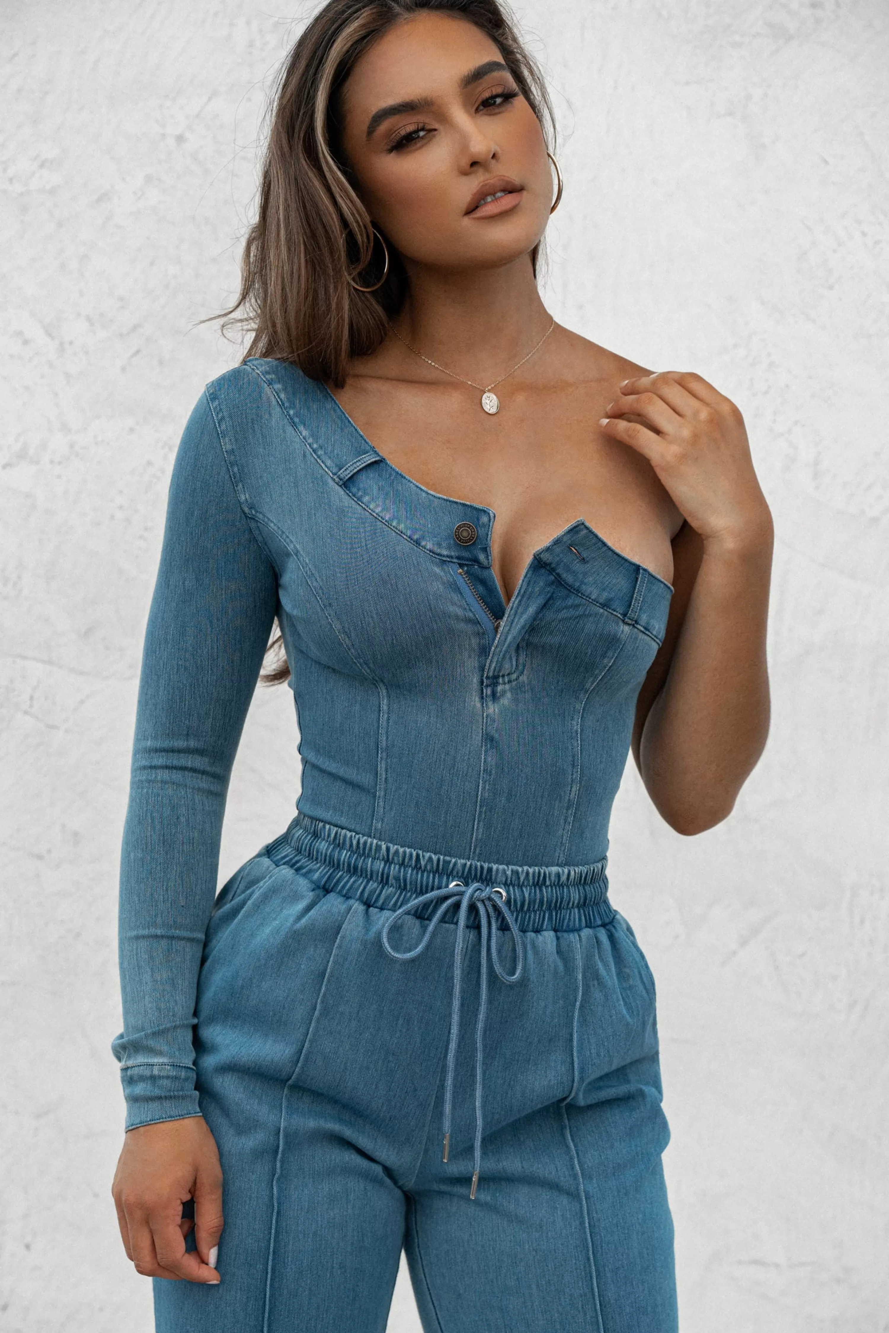 JLUXLABEL Medium Wash Button Me Up Bodysuit