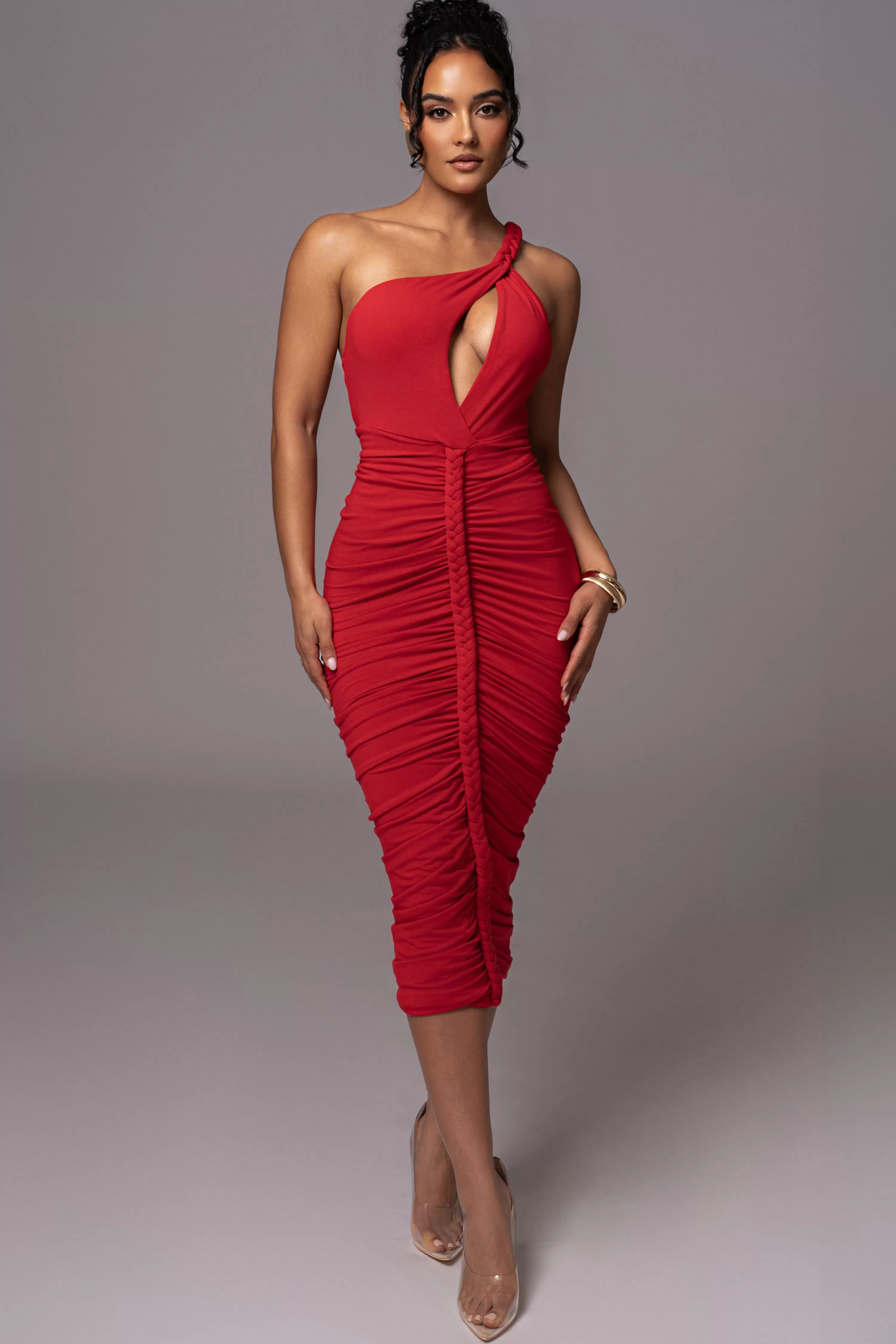 JLUXLABEL Red Jess Ruched Midi Dress