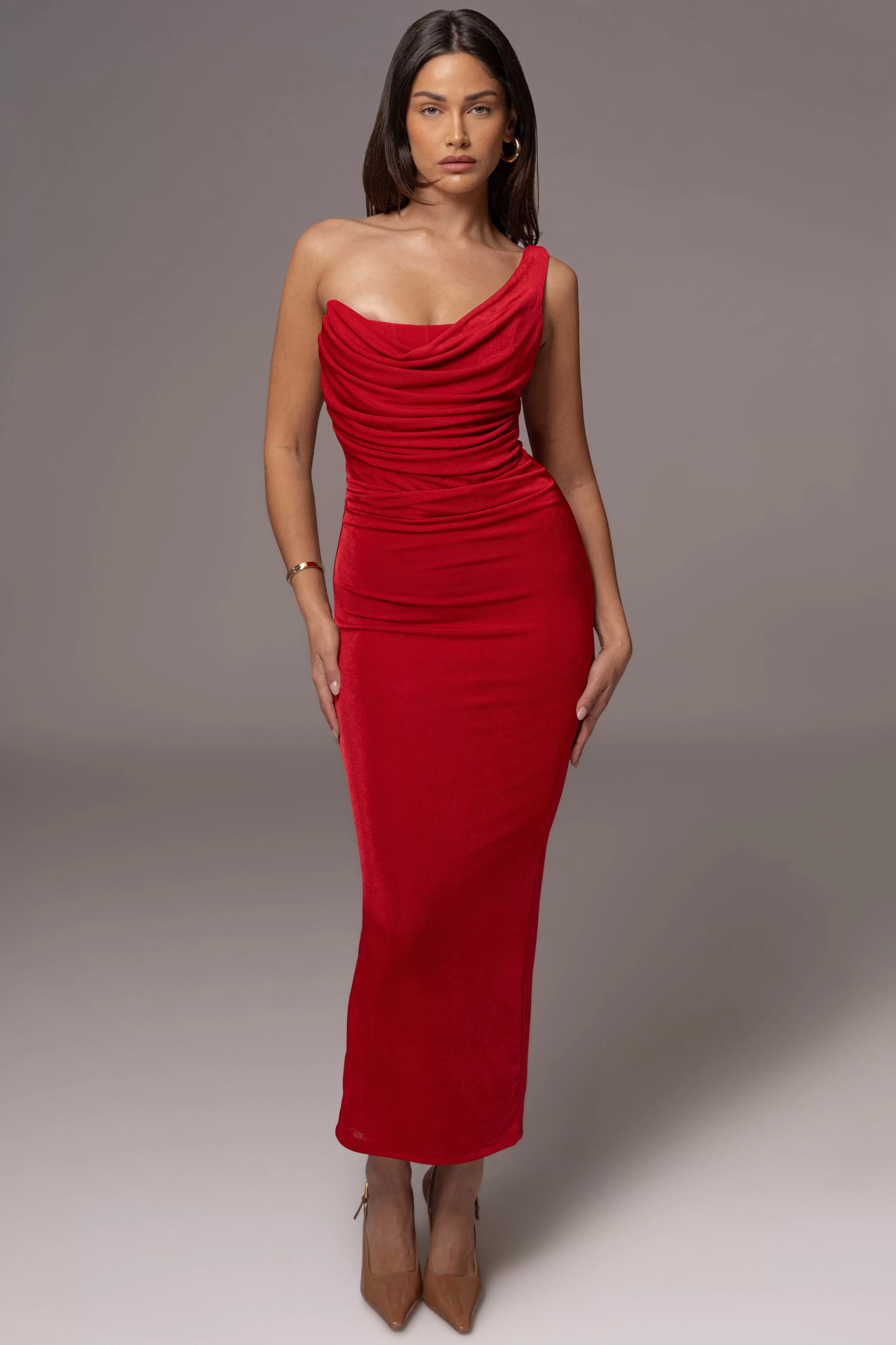 JLUXLABEL Red Slinky Krishna One Shoulder Maxi Dress