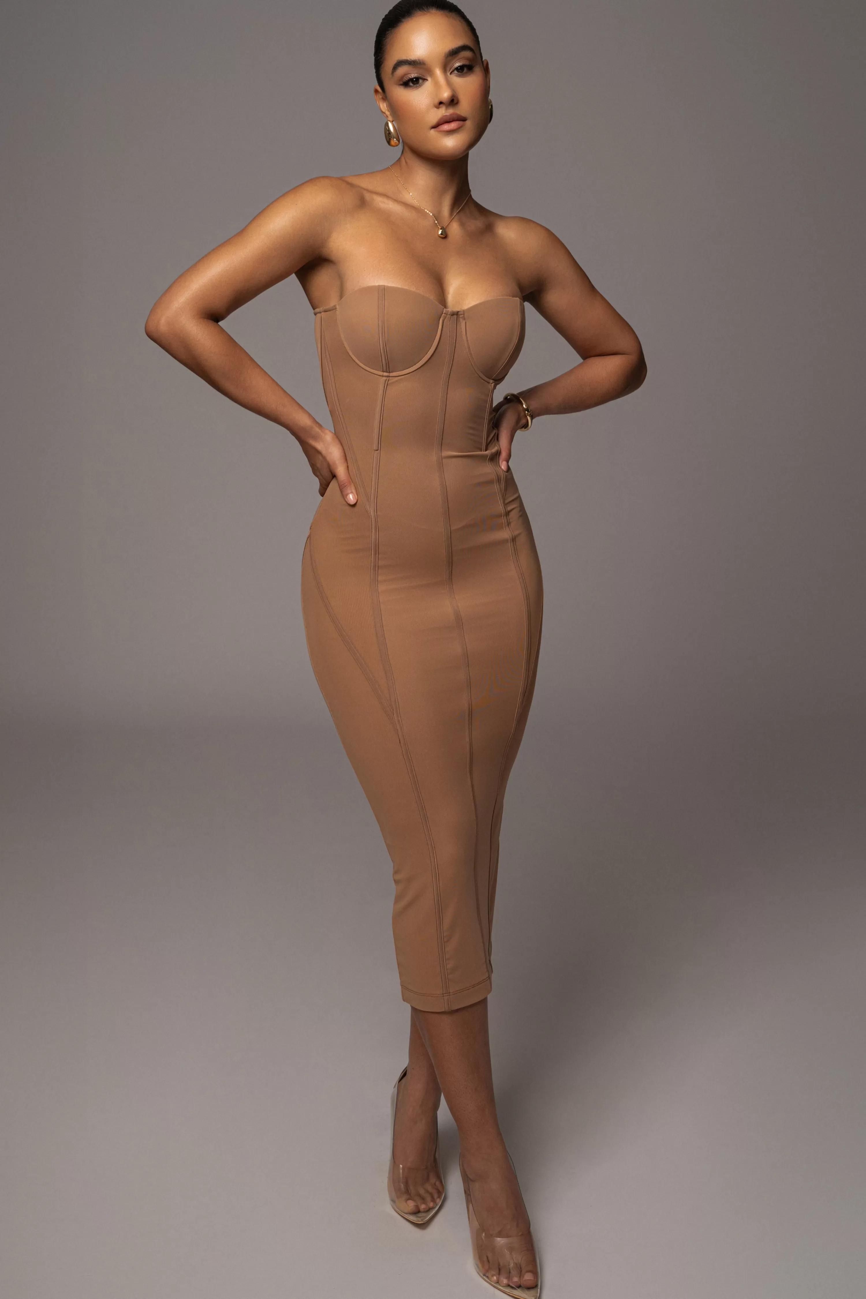 JLUXLABEL Tan Escape Mesh Midi Dress