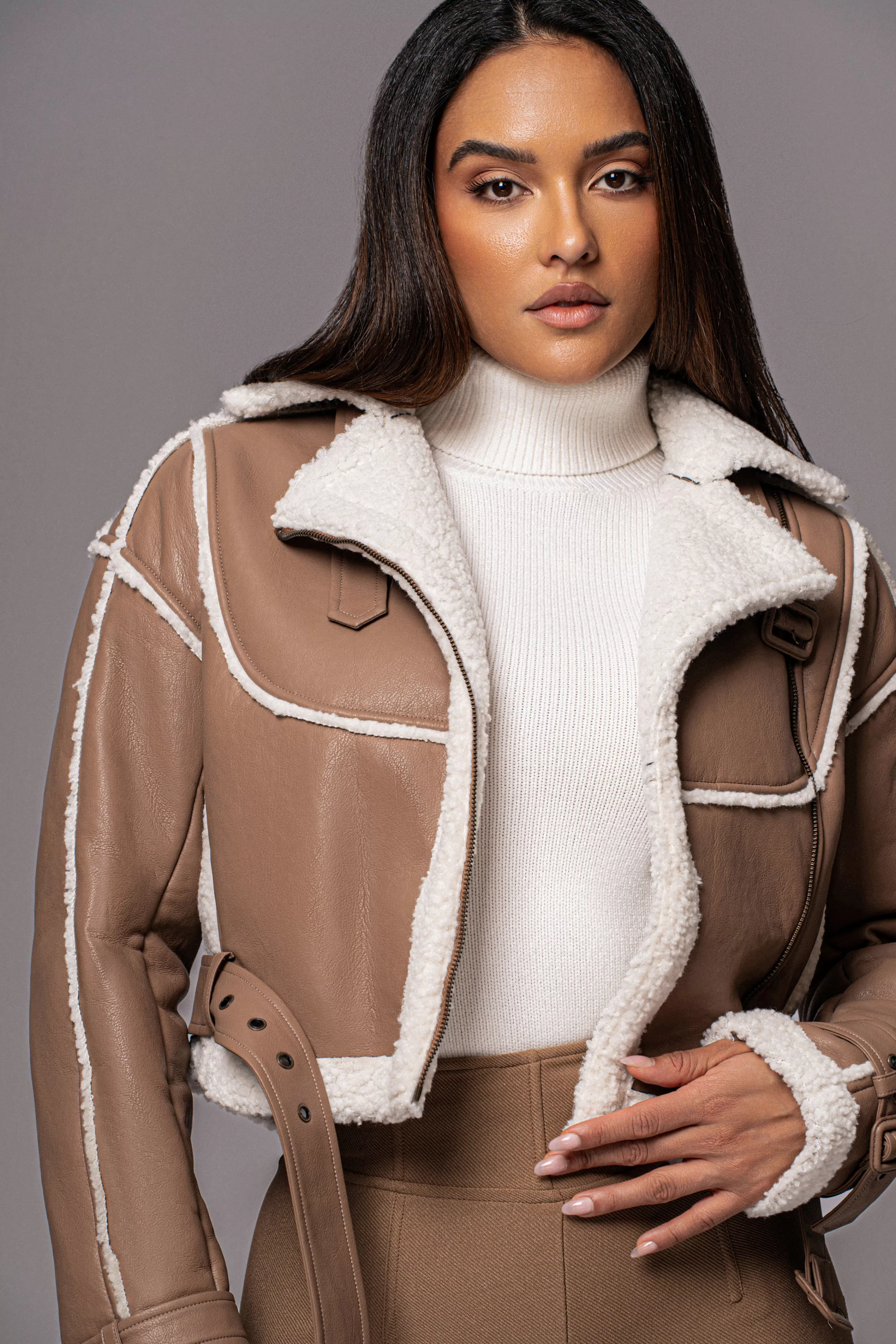 JLUXLABEL Tan Faux Leather Sherpa Jacket