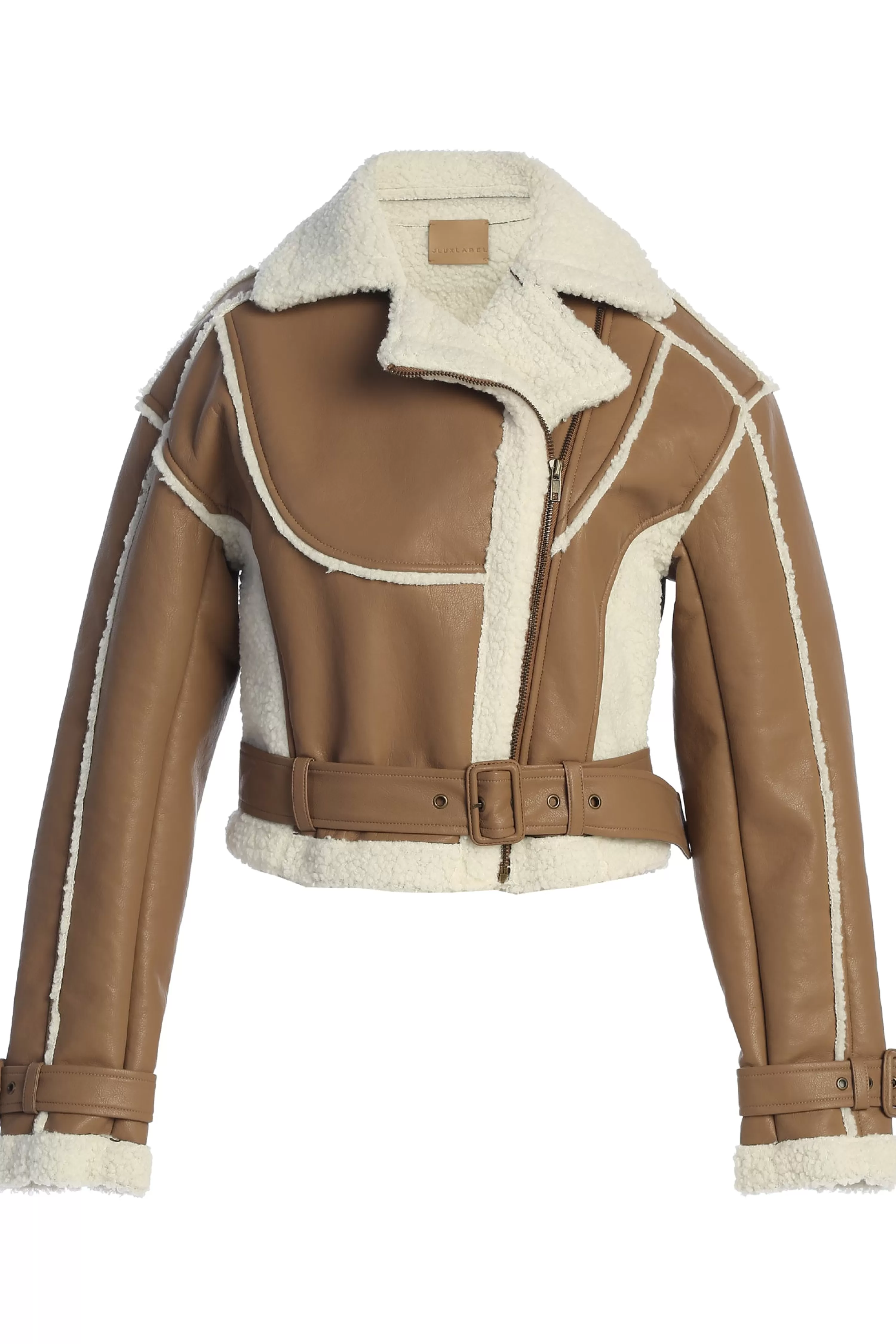 JLUXLABEL Tan Faux Leather Sherpa Jacket