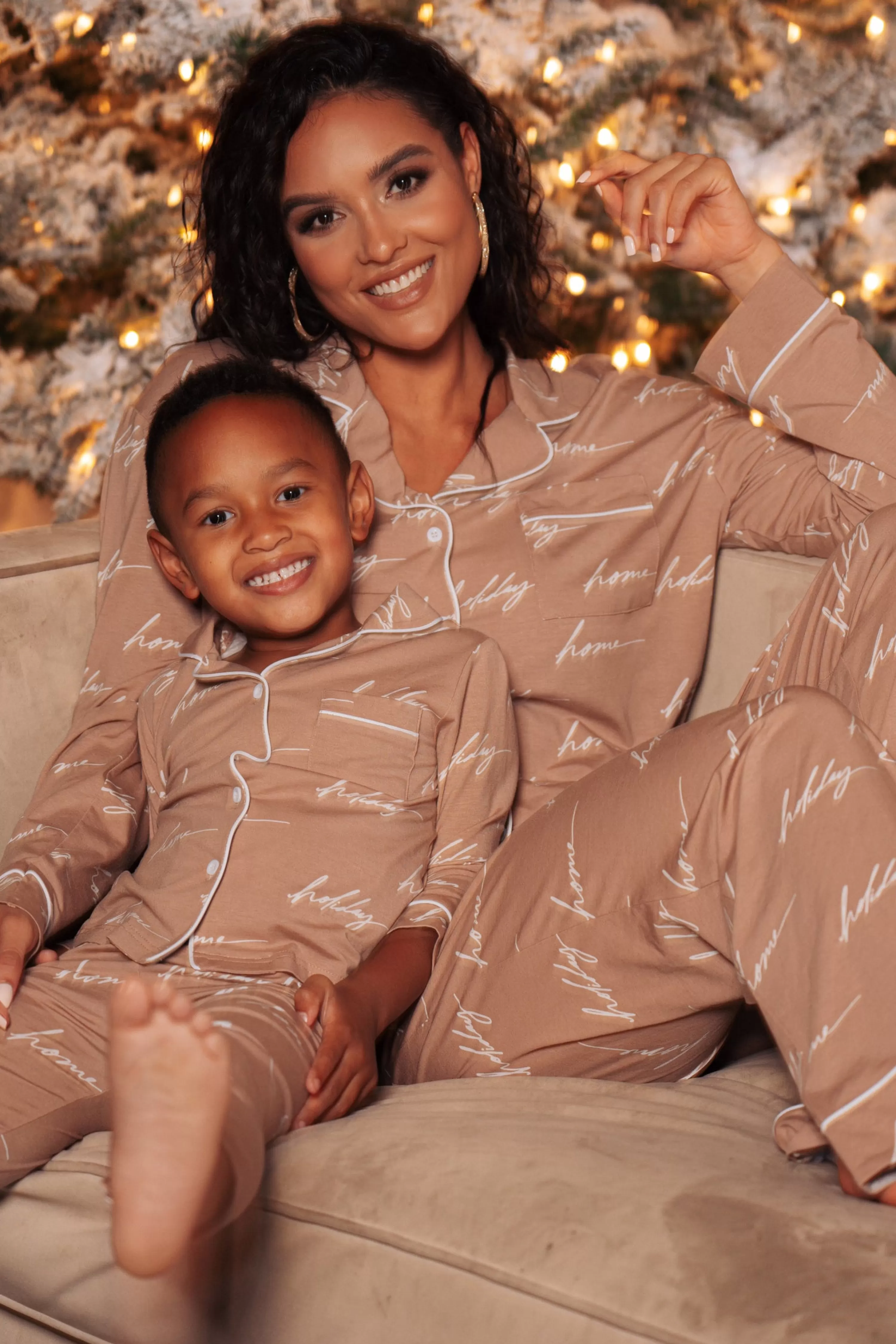 JLUXLABEL White/Tan Home For The Holiday Adult Pajama Set