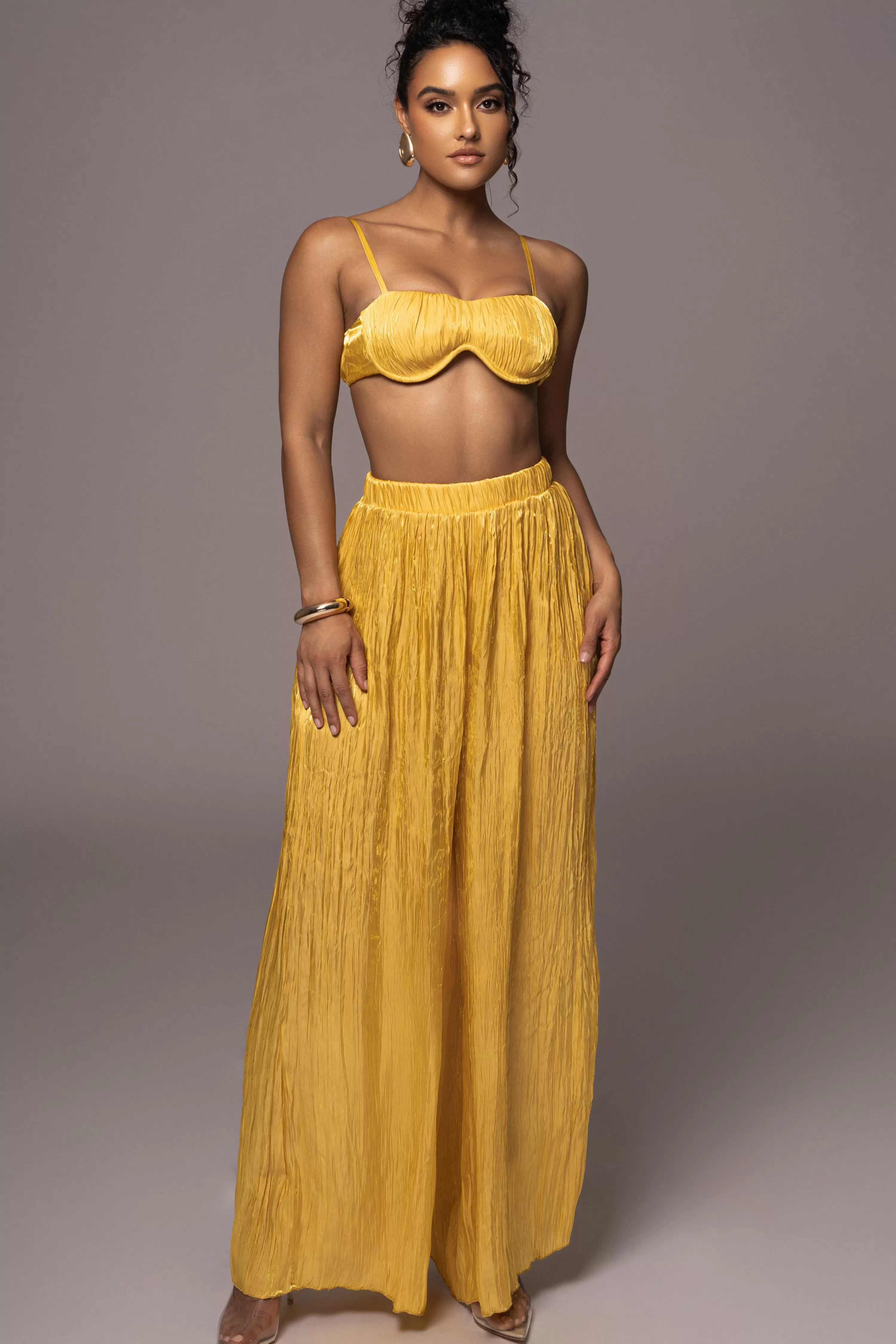 JLUXLABEL Yellow Lets Get Away Satin Pant Set